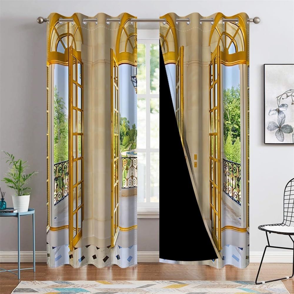 DORCEV Spring Scenery Blackout Curtains Greenery Scenery Outside Balcony Window Curtains French Frame European Style Window Drapes Treatments Set Home Bedroom Living Room Decor,53x84 inch,2 Panels