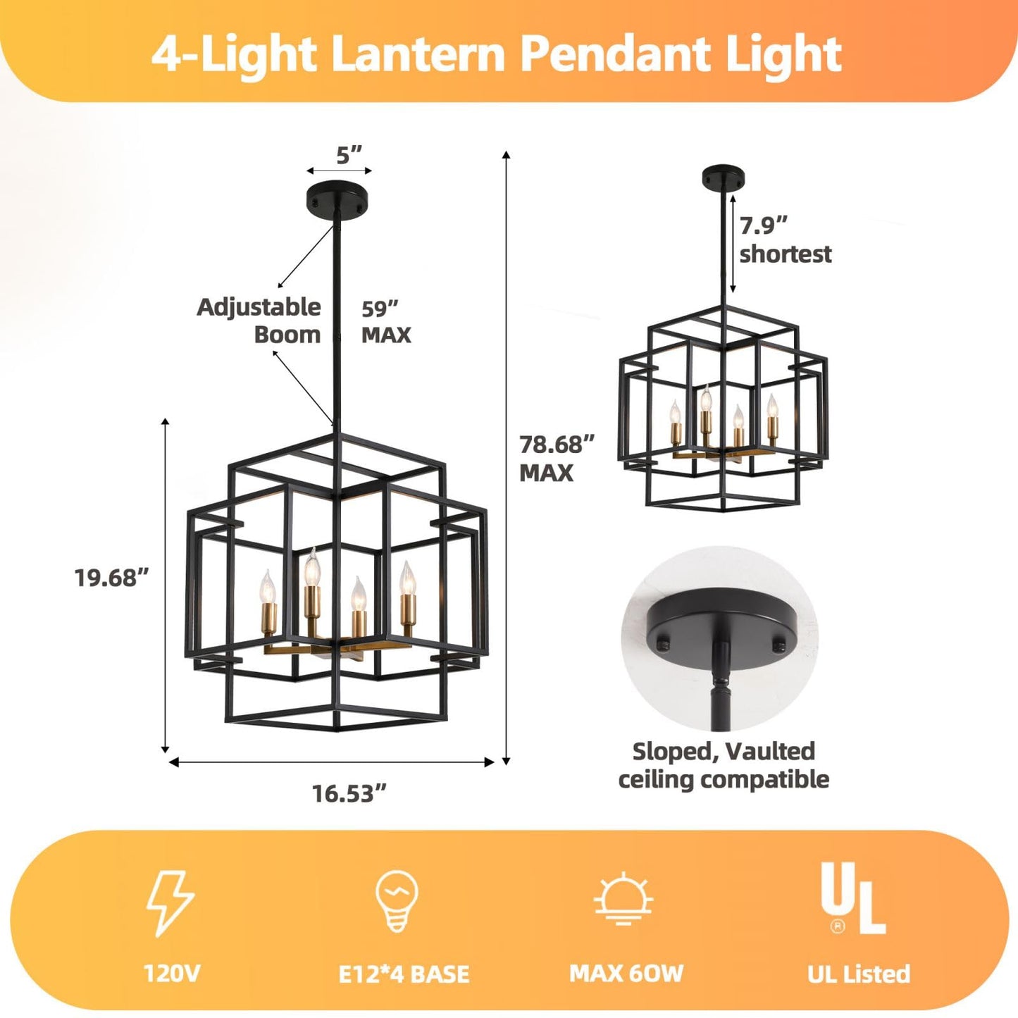 WJShome 4-Light Black and Gold Chandelier, Farmhouse Lantern Pendant Light, Industrial Ceiling Foyer Lighting Fixtures, Modern Chandeliers for Dining Room, for Kitchen Island Entryway Staircase