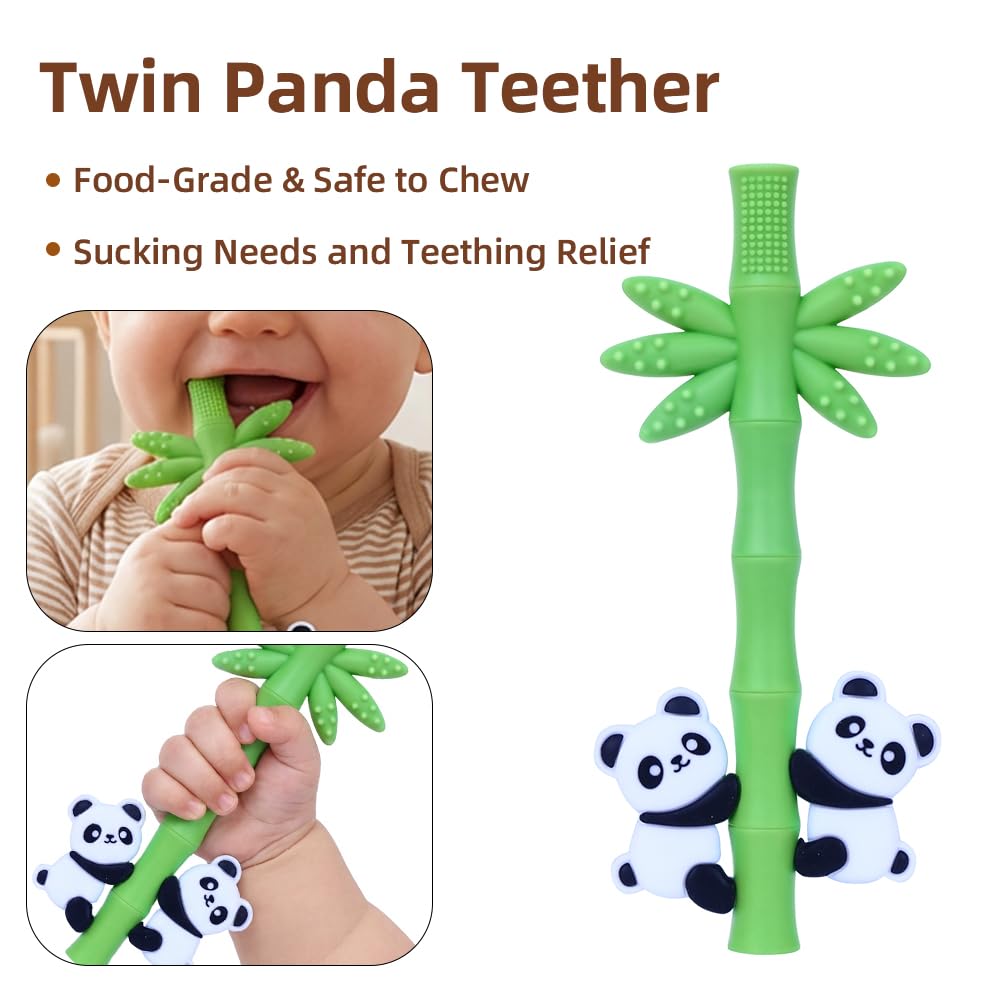 Baby Teether Toy Panda Shape Silicone Teething Toys for Babies 0-24 Months, Chew Toys for Infants Teething Relief, Hollow Tube Toothbrush Head for Gum Massage and Self-Brushing Training, Easy to Grip