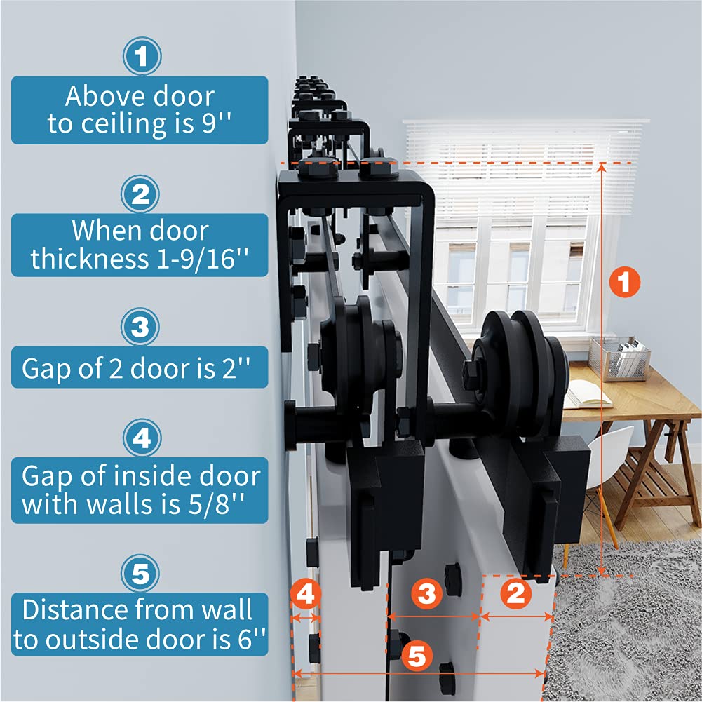 ZEKOO 5FT Double Track Bypass Sliding Barn Door Hardware Kit for 2 Doors, Bypass Barn Door Track Kit, Low Ceiling, Easy Install, I Shape Hanger, Fit 30" Wide Door Panel