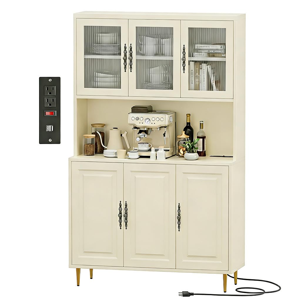 AUN Pantry Cabinet with Charging Station - 68" Multi-Scene Storage Cabinet for Kitchen, Coffee Bar, Dining Room | Adjustable Shelves & Soft-Close Doors,Beige