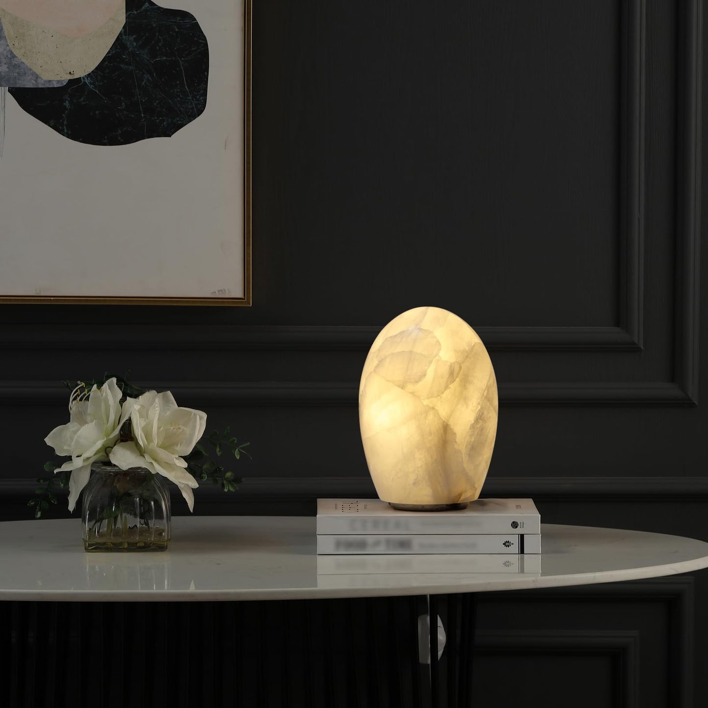 Artsolute Natural Calcite Stone Lamp – Handcrafted from Solid Crystal Stone, Dimmable Bedside Accent Light, Unique One-of-a-Kind Texture, Small Cylinder Table Lamp for Bedroom