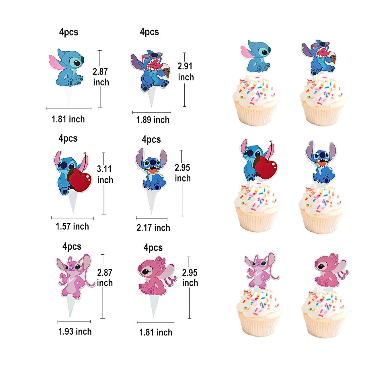 3-Tier Cupcake Stitch Pink Stand with 24Pcs Cupcake Toppers Stitch Birthday Decoration Party Supplies