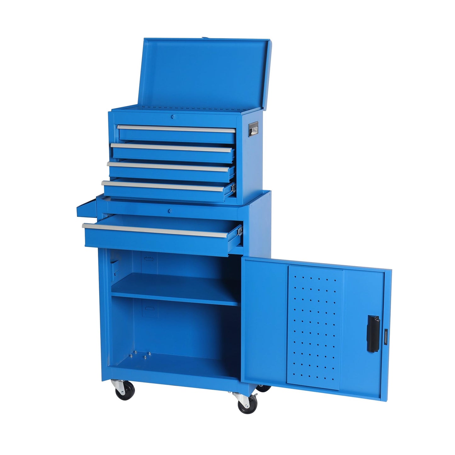 Fsazub 5 Drawers Tool Cart with Wheels & 1 Cabinet,Detachable Portable Top Box,Lock Rolling Tool Chest Trolley Organizer Set,Multifunctional Tool Box w/Storage Lockers for Garage & Workshop (Blue)
