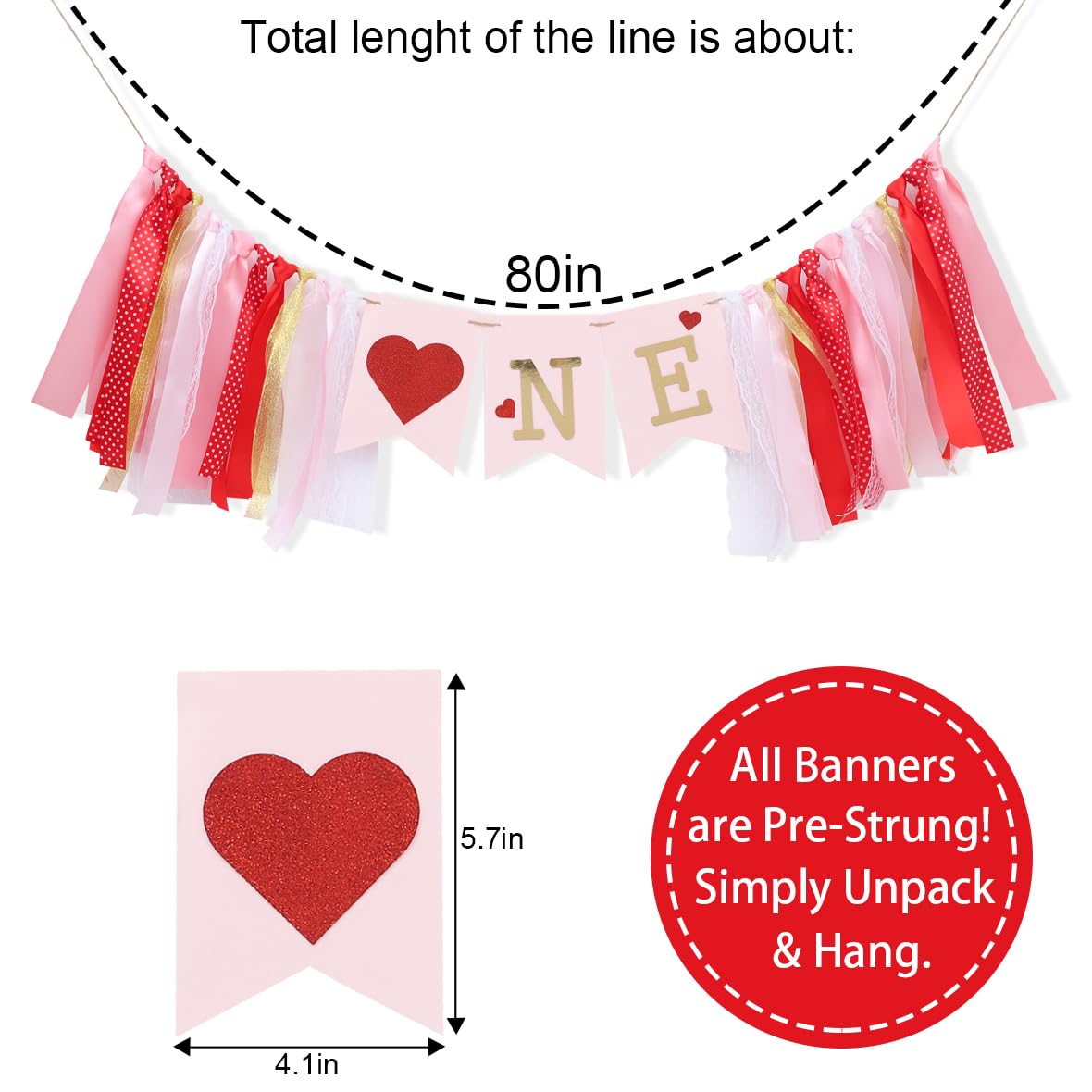 Valentines Day Half Birthday High Chair Banner - 6 Months Baby Party Decorations,1/2 Way To One Red Pink Ribbon Banner,Valentine's Day Highchair Garland,Little Sweetheart 1/2 Birthday Photo Props (Valentines Day 1st Birthday)