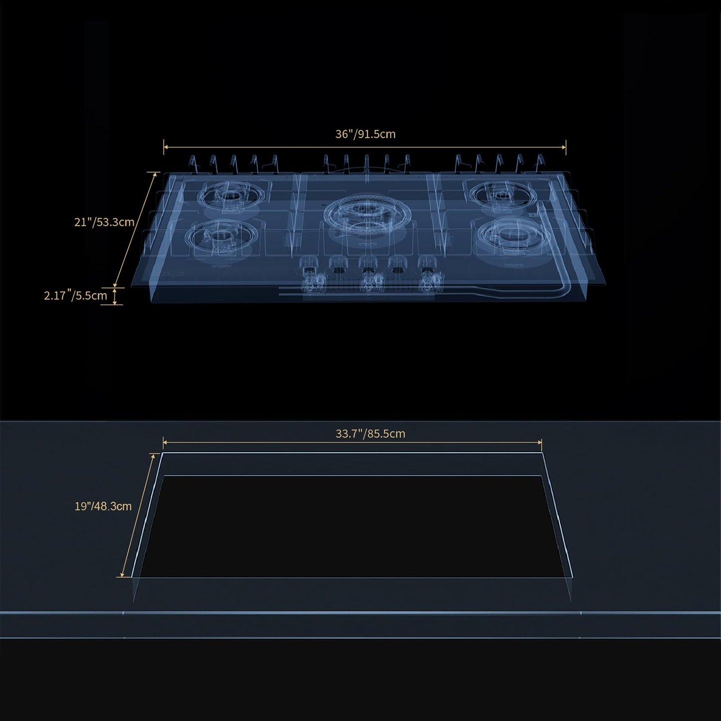Empava 36" Cooktop with 5 Italy Sabaf Sealed Burners NG/LPG Convertible Tempered Glass in Black Model 2025, Gas 36In