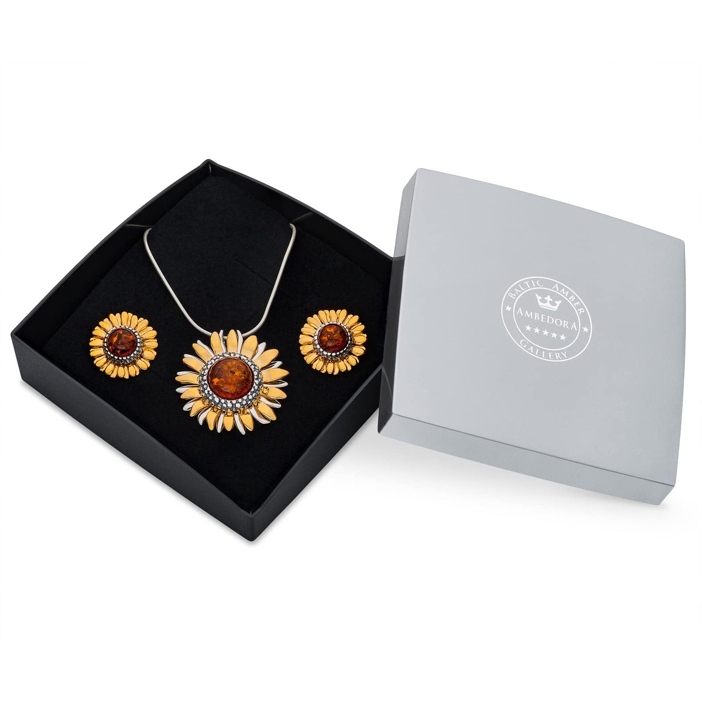 AMBEDORA Women's Jewellery Set Sunflowers, Gold Plated, Oxidised Sterling Silver, Baltic Amber in Cognac Colour, Gold Plated Pendant on Chain and Earrings