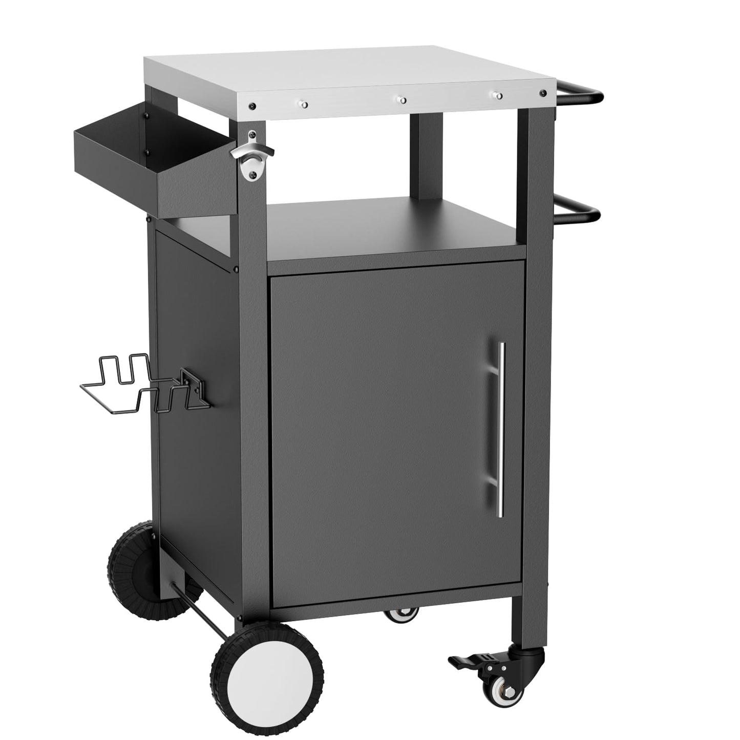 Outdoor Rolling Bar Cart Grill Cart, Outdoor Serving Carts Grill Table Storage Cabinet, Rolling Bar Cart Outdoor BBQ Cart with Hooks and Spice Rack for Grilling Accessories, Black (1 Door)