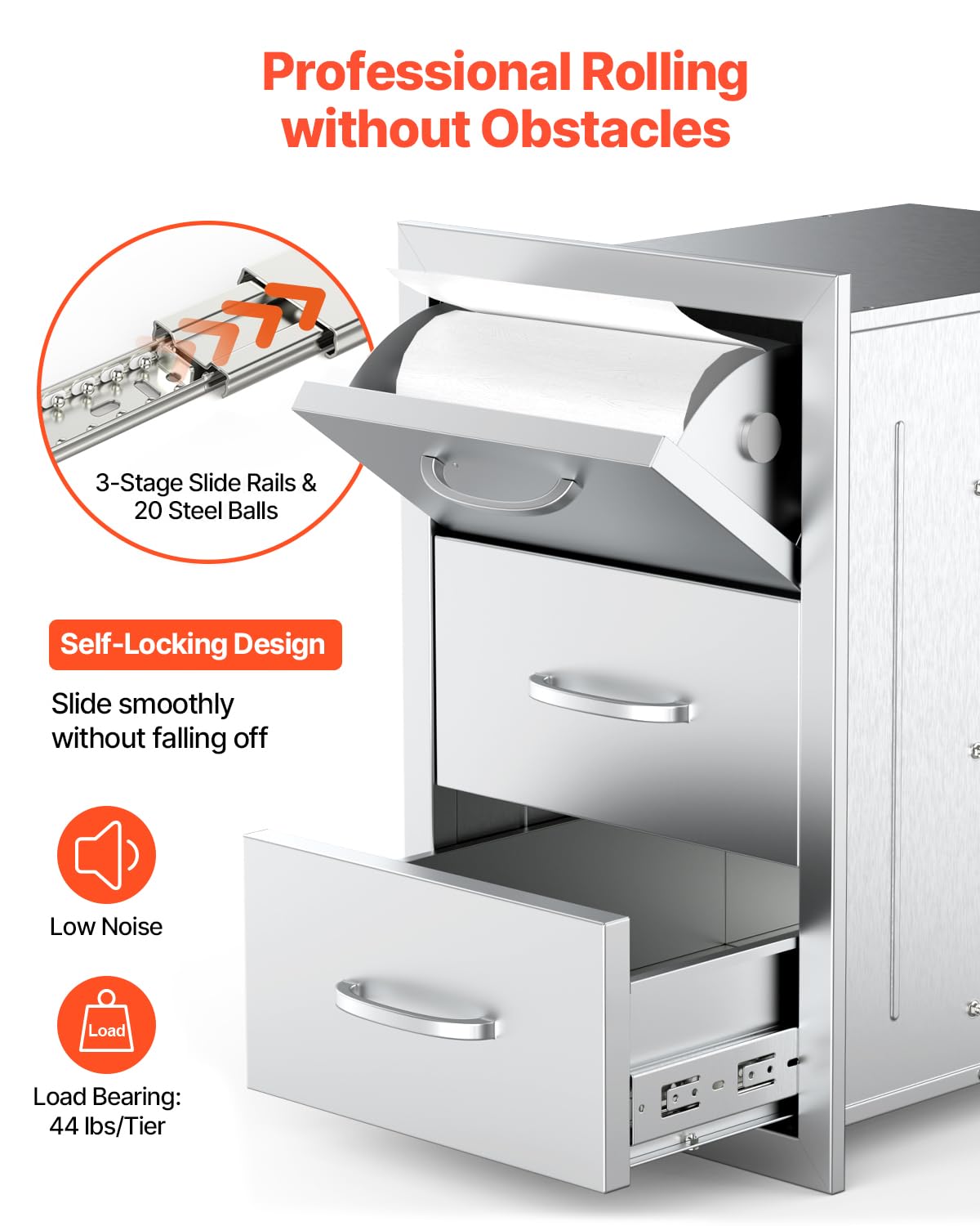 VEVOR Outdoor Kitchen Drawers, 16.5" W x 29" H x 20.5" D Triple Access Drawers, Stainless Steel Flush Mount Cabinets, BBQ Island Storage with Paper Towel Holder & Handle, for Patio Grill Station