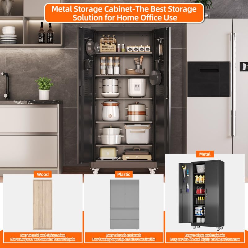 Aobabo Garage Storage Cabinet with Door Pegboard,Lockable Metal Storage Cabinet with 5 Adjustable Shelves for Garage Home,Required Assembly,Black