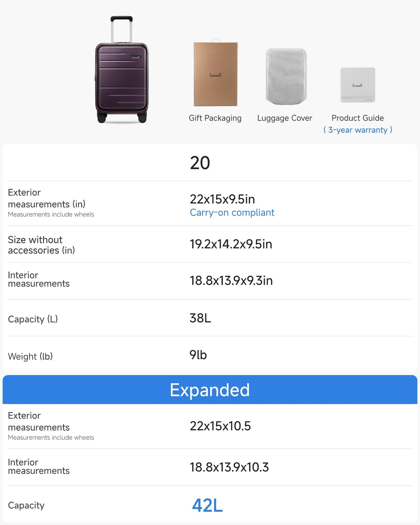 Carry On Luggage 22x14x9 Airline Approved, FLO5 Expandable Polycarbonate Suitcase with Front Pocket (FX-Core, Purple, 20 Inch)