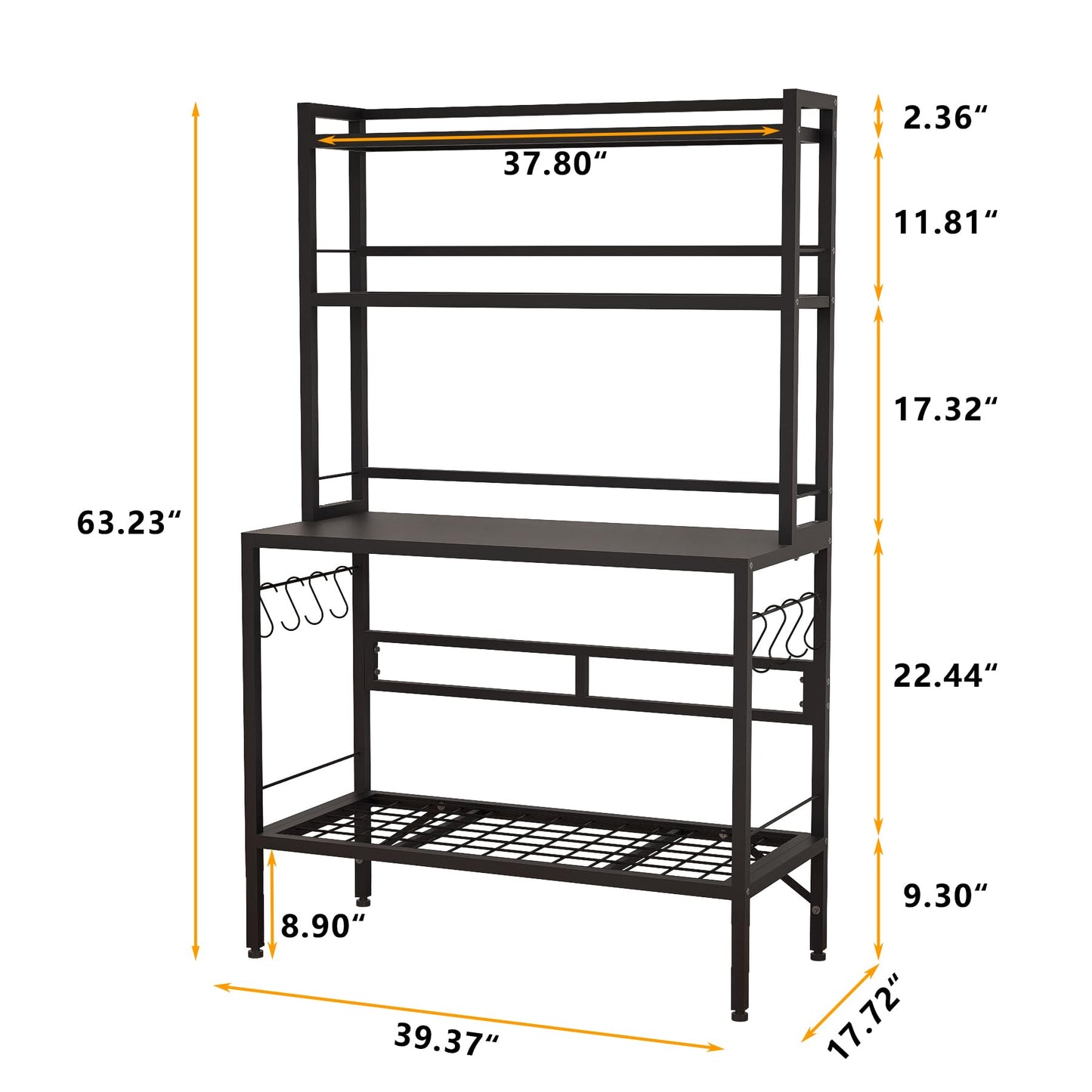 MUVJUG Kitchen Bakers Rack with Open Bottom, 63''H Metal Microwave Stand with 8 Hooks, 4-Tier Heavy Duty Coffee Bar Table with Mesh Shelf, Multi-Purpose Display Rack&Potting Bench Table for Patio