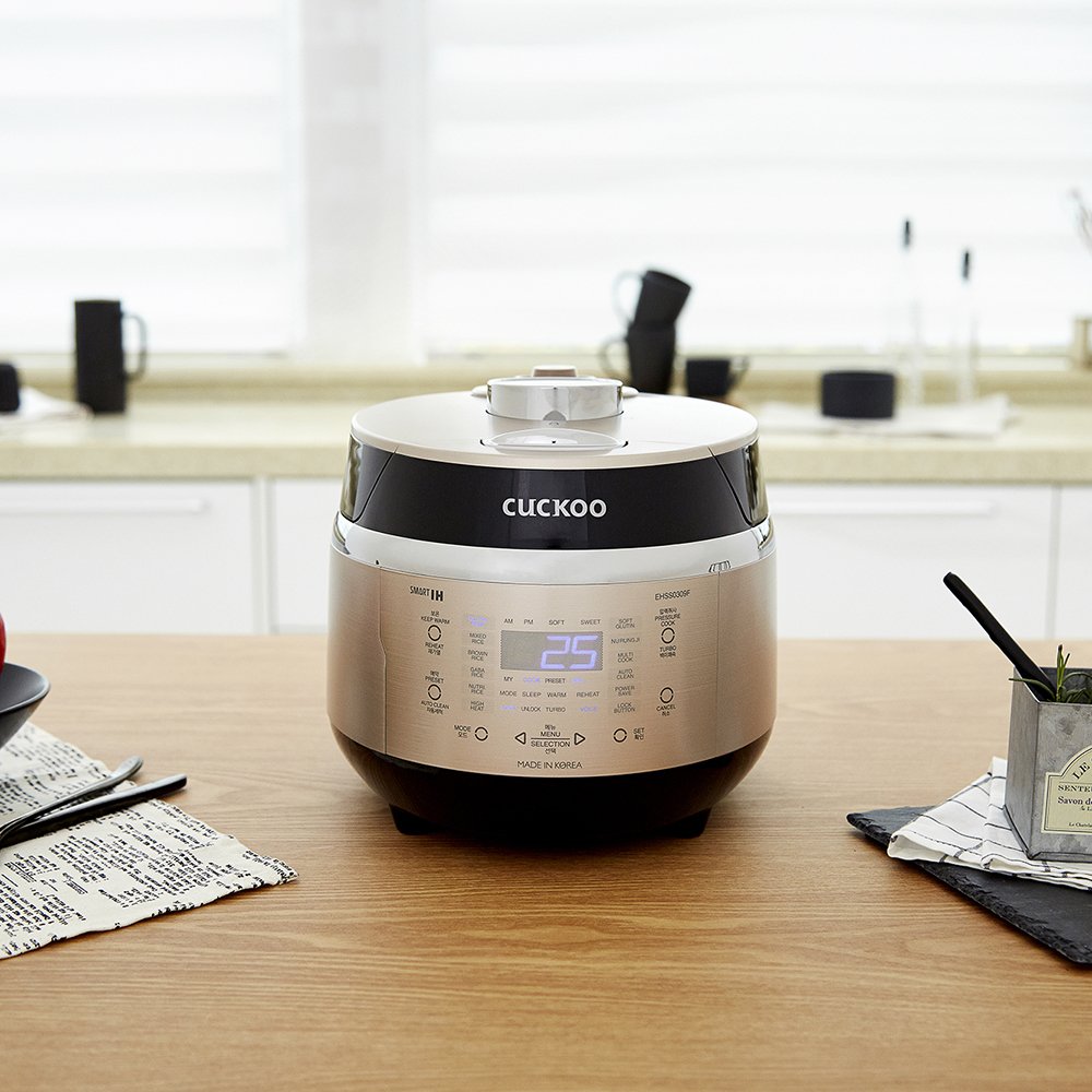 CUCKOO High Pressure Rice Cooker 3-Cup Uncooked / 6-Cup Cooked with Induction Heating Technology, Small Rice Maker with 16 Menu Options and Steam Plate, Voice Guide, Gold (CRP-EHSS0309F)