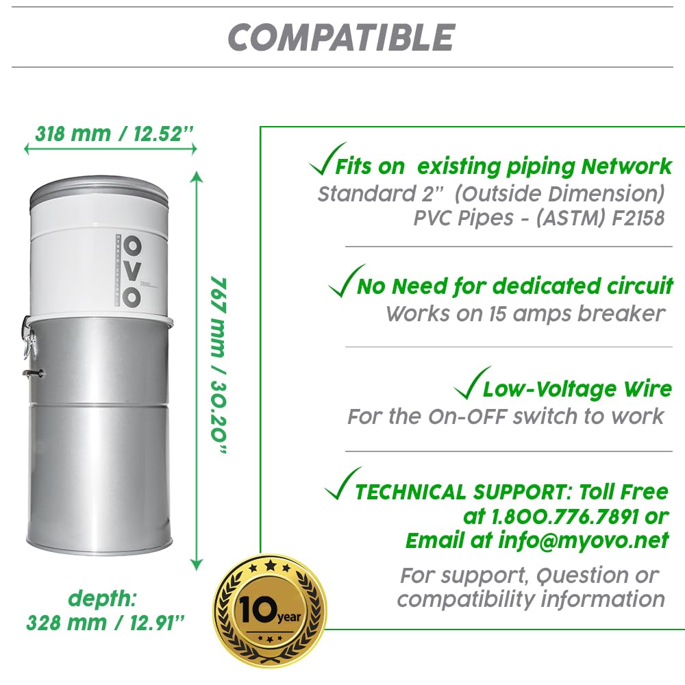 OVO Heavy Duty Powerful Central Vacuum System, Hybrid Filtration (with or Without Disposable Bags) 35L or 9.25Gal, 750 Airwatts with 40ft Deluxe Plus Accessory kit Included