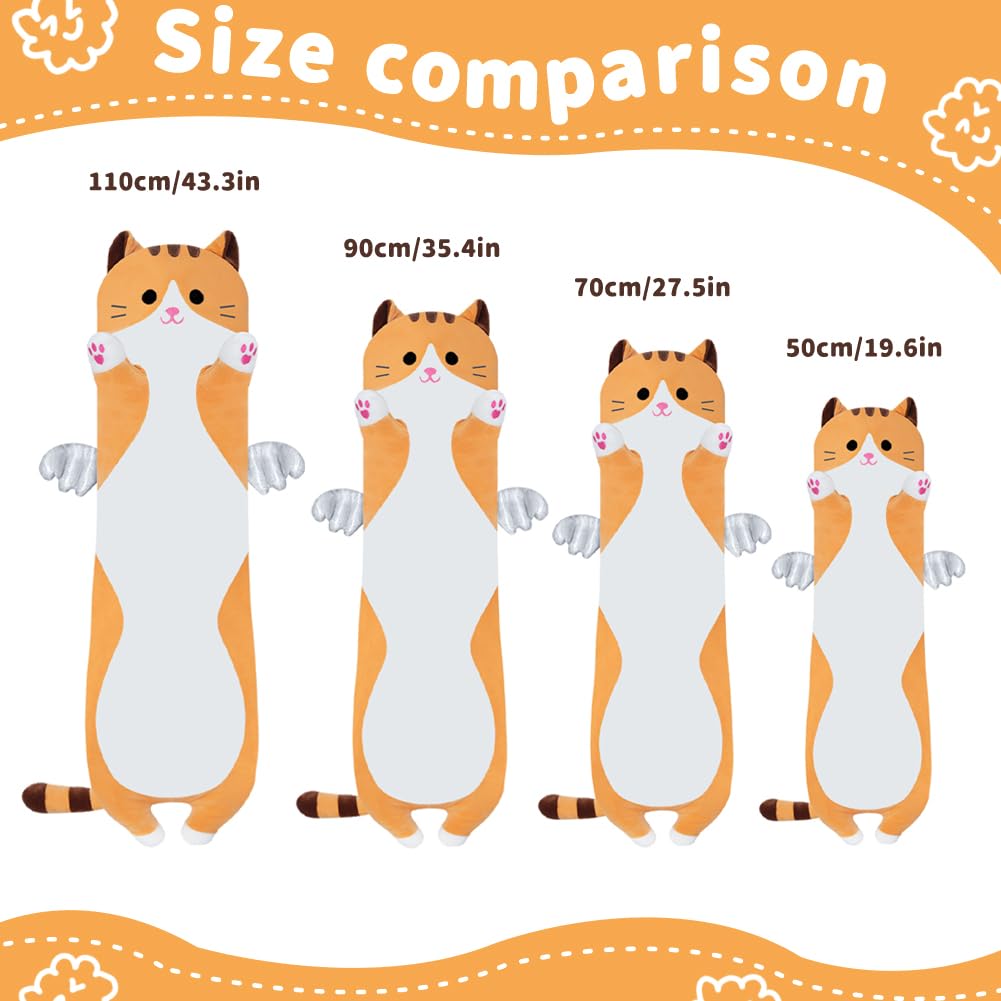 SNOWOLF Cute Long Cat Plush Body Pillow, Kawaii Cat Plushie Toys Cuddle Cartoon Stuffed Animals Soft Kitten Throw Pillow Doll Gift for Kids Girls Boys (43.3", Orange)