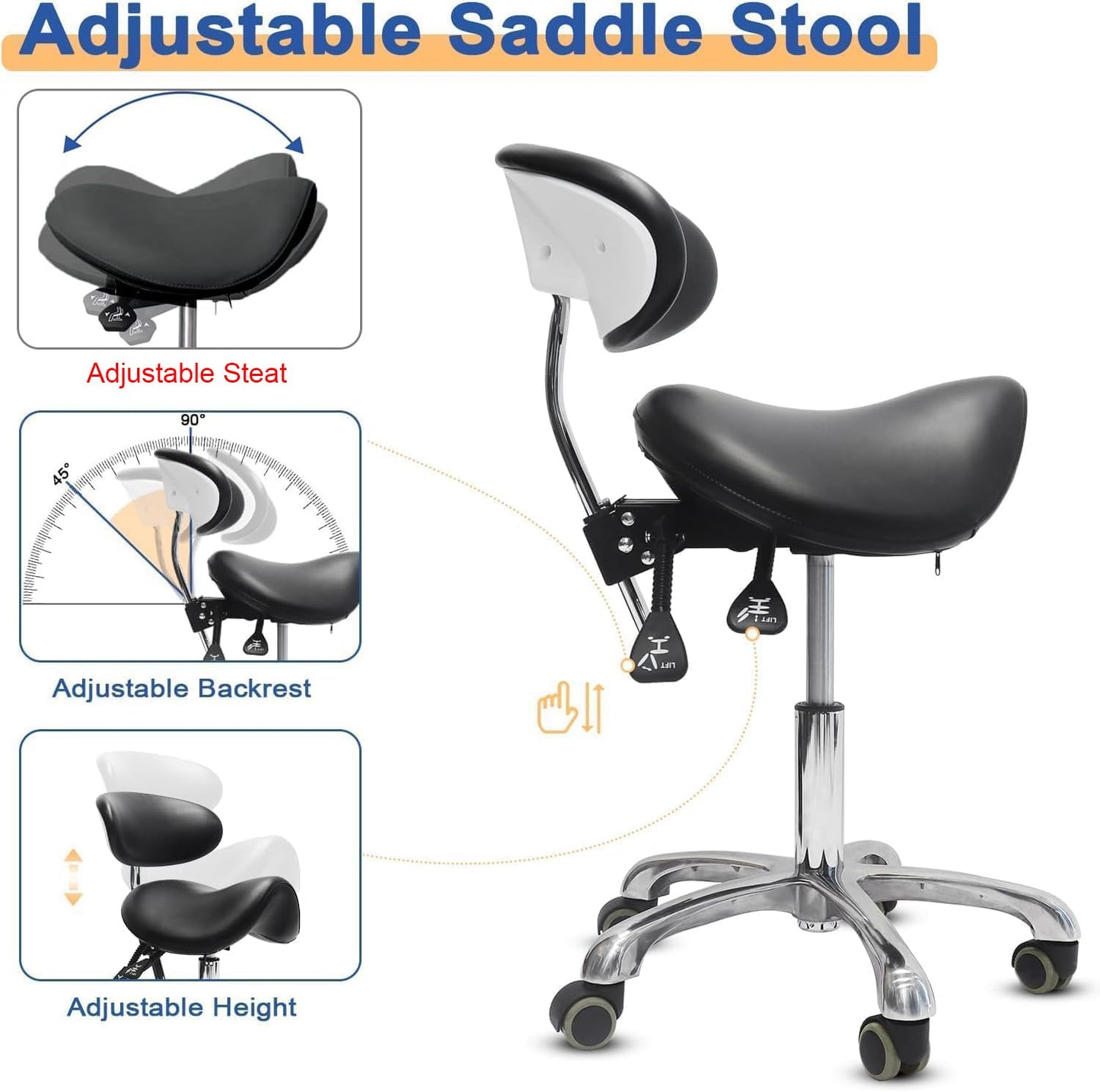 LIMKOMES Saddle Stool with Wheels,3-Way Function Rolling Stool with Back Support,Ergonomic Stool Saddle Stool for Hair Stylist for Dentist Salon Tattoo(Black)