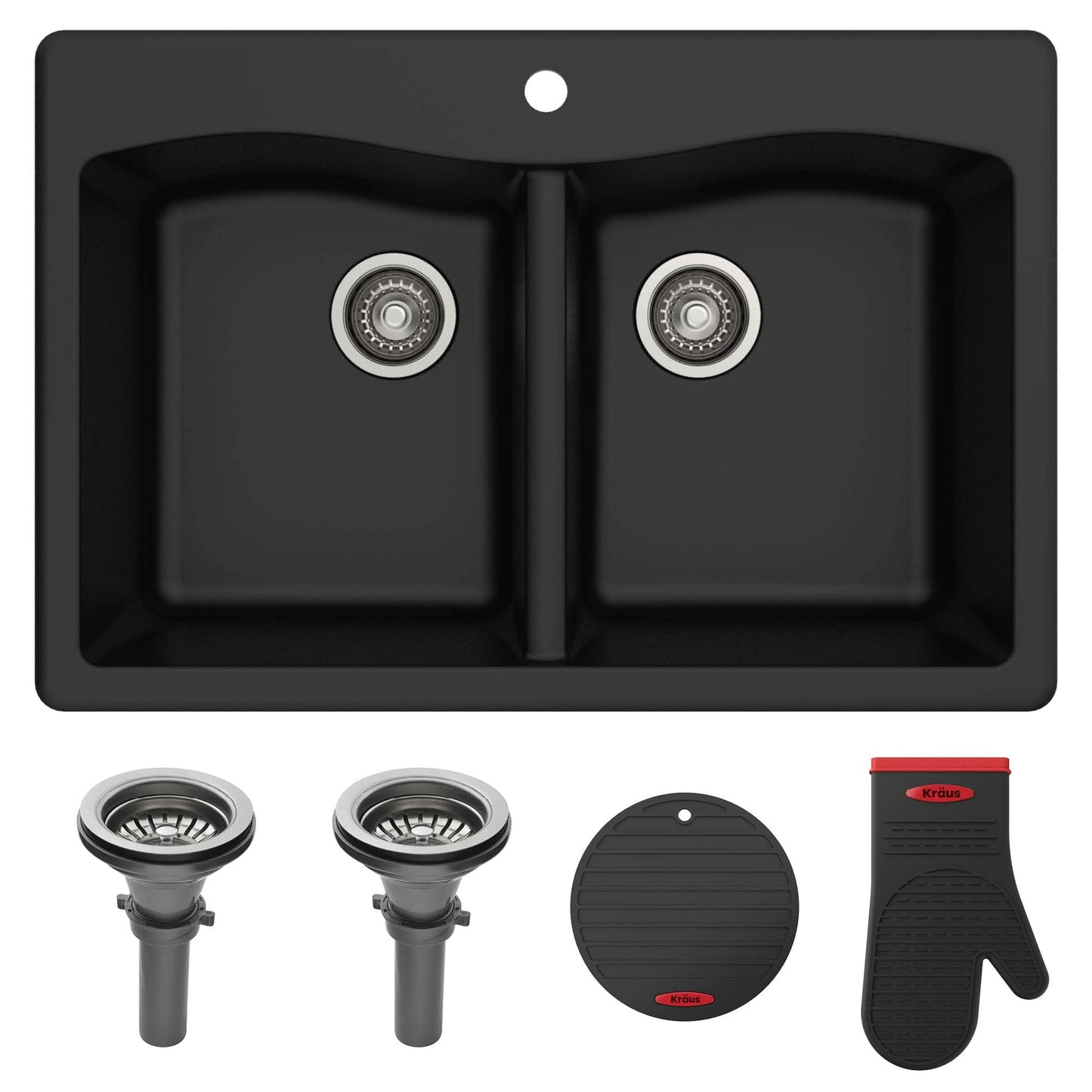 KRAUS Forteza 33-inch Drop in/Undermount 50/50 Double Bowl Granite Kitchen Sink in Black, KGD-52BLACK