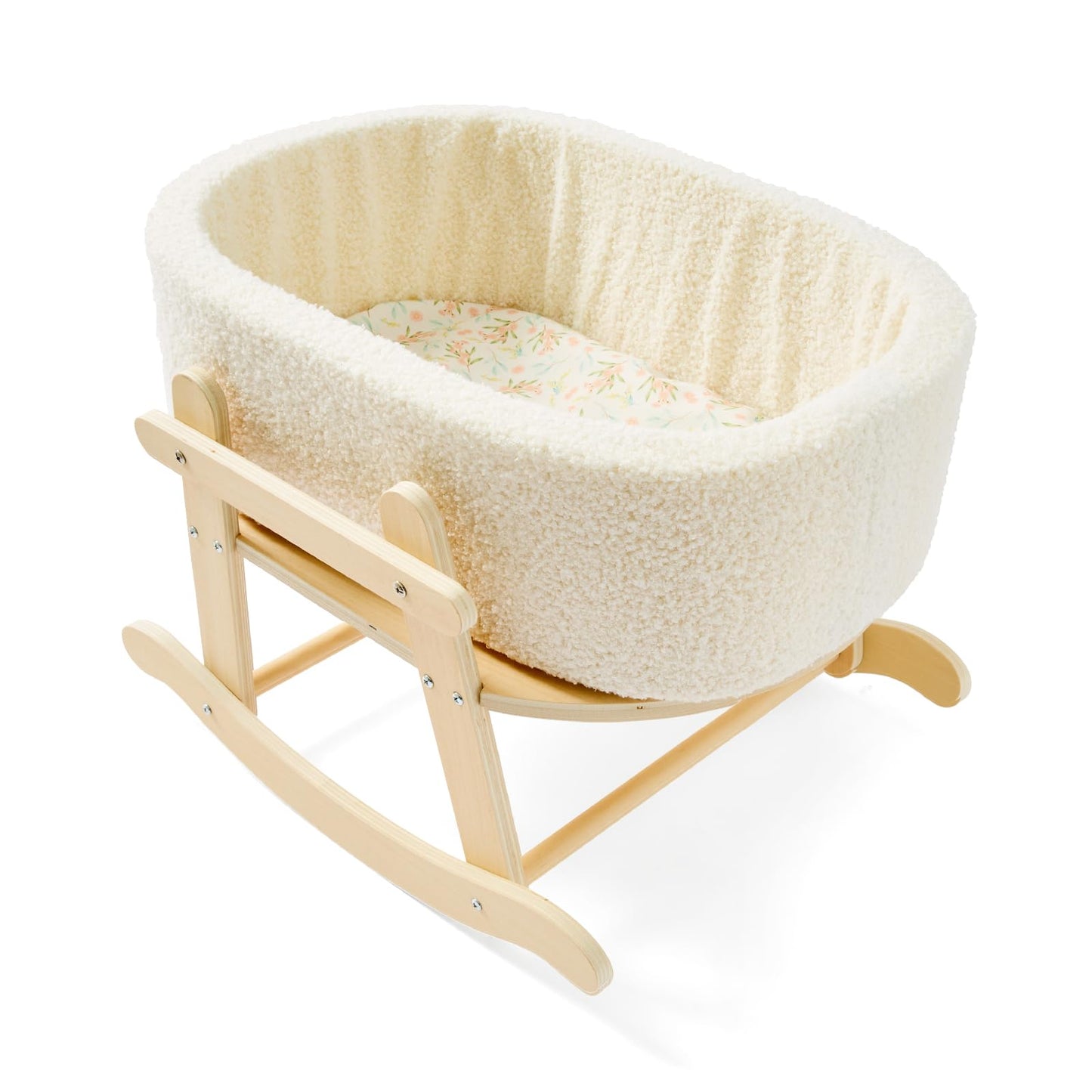 Wooden Baby Doll Crib, Baby Doll Bed Toys for Cat Dog, Wooden Boucle Bassinet for Dolls Up to 16 Inch, Doll Accessories with Mattress and Bassinet, Gift for Boys & Girls