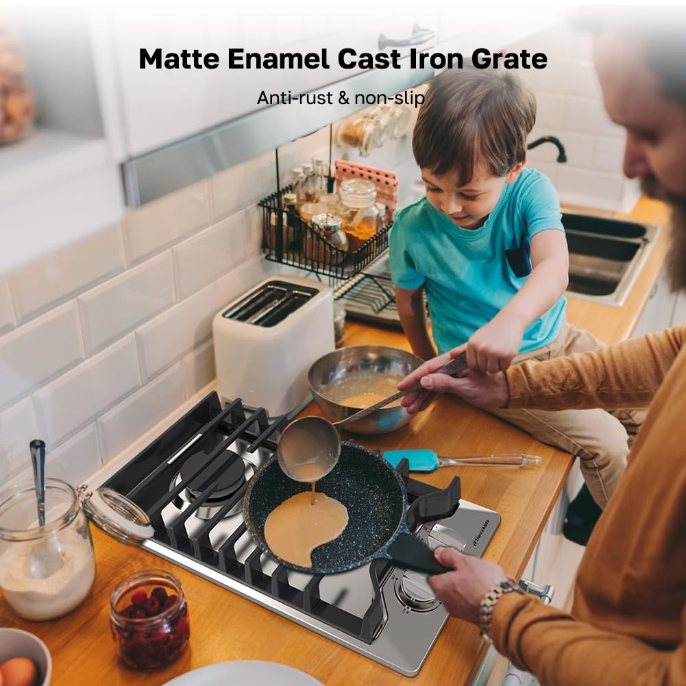 12 Inch Gas Cooktop, ThermoMate Heavy Built In Gas Rangetop with 2 High Efficiency SABAF Burners, NG/LPG Convertible 304 Stainless Steel Stove Top with Flame Out Protection, CSA Certified