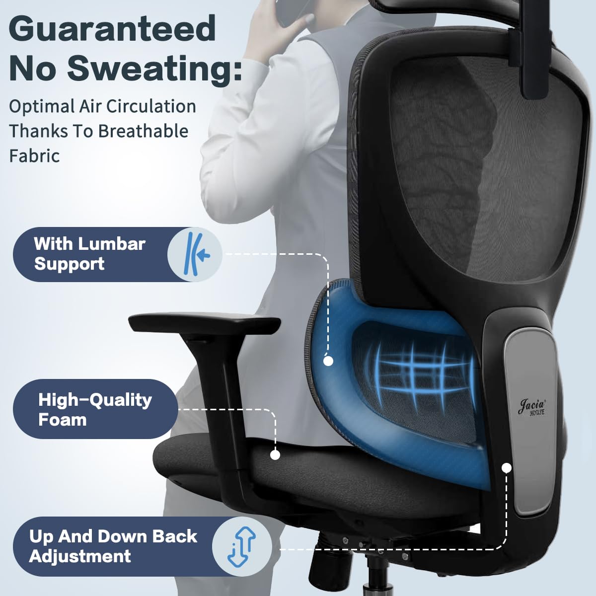 Ergonomic Office Chair Heavy Duty 1600lbs, High Back Desk Chair with 4D Armrests, Dual Back Support, Big & Tall Computer Chair, Sliding Seat, Adjustable Headrest & Lumbar, 135° Reclining (Black)