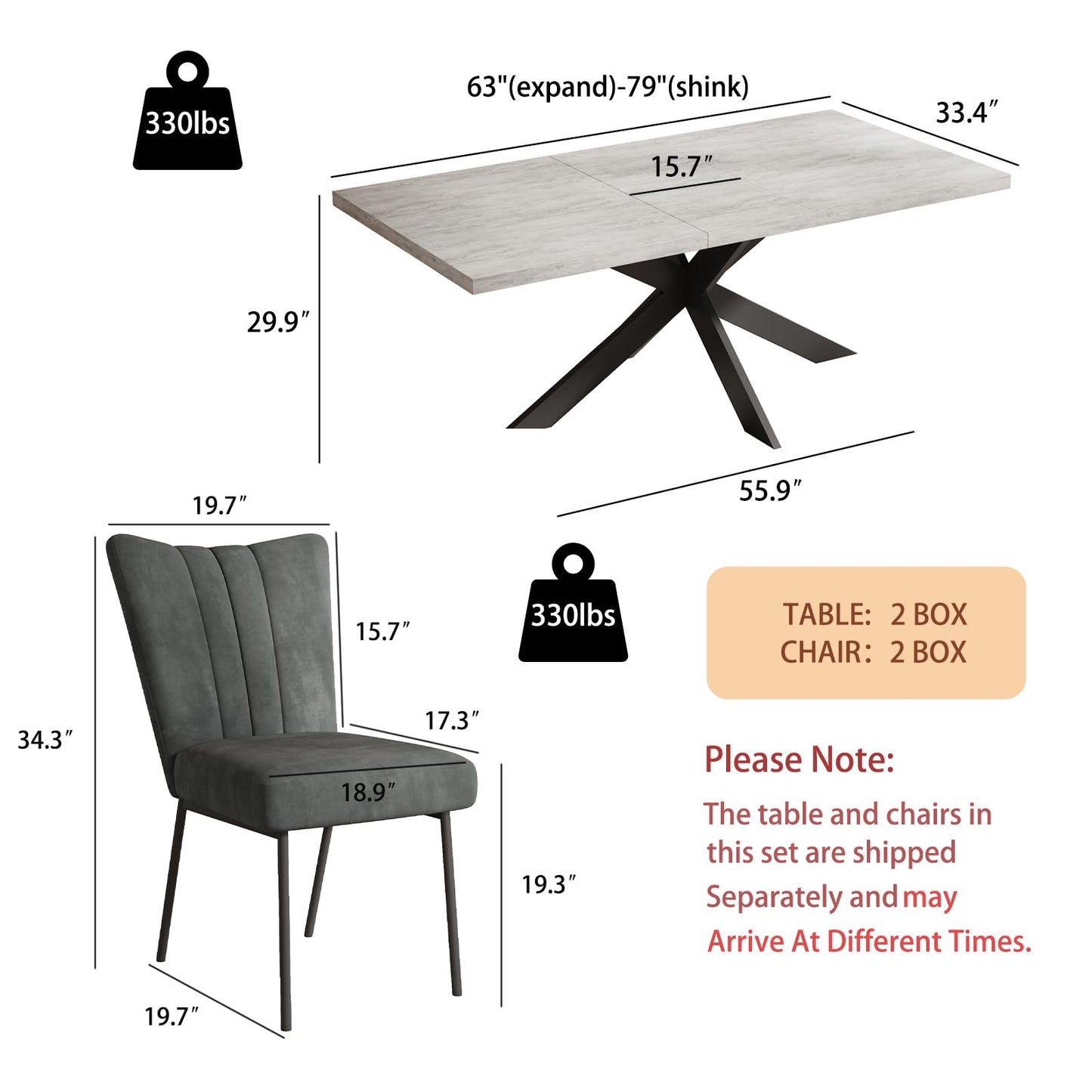 ZckyCine 6-Piece Extendable Dining Table Set, Modern 63''–79'' Grey Wood Table with 6 Grey Fabric Chairs, Dining Room Table and Chairs for 6, Ideal for Kitchen or Dining Room