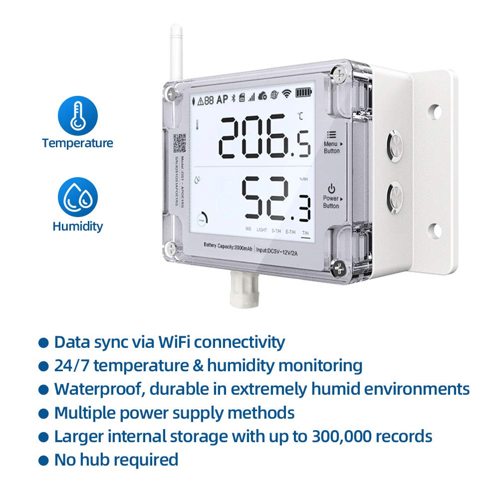 UbiBot GS1-A Smart WiFi Thermometer Hygrometer, IP65 Temperature & Humidity Data Logger, Device Sharing, Scheduled Reports, Multiple Alerts, Local Deployment, Alexa/IFTTT (2.4GHz WiFi)