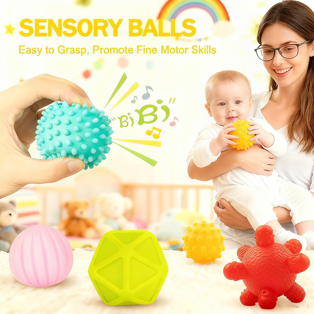 ELLECK Baby Montessori Sensory Toys for 0-6 6-12 Months, Teething Toys for Babies 0 3 6 9 12 18 Months, Infant, Newborn Rattle Teether, Blocks, Soft Stacking Rings, Ideal Baby Boy Girl Gifts Set