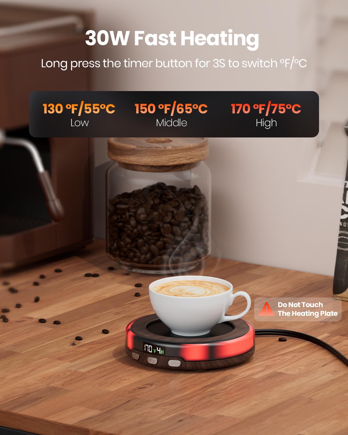 Gaiatop Coffee Mug Warmer for Desk, 3 Temp Settings, 2-9Hrs Timer, 3 Colorful Romantic Atmosphere Light Modes, Beverage Heating Plate with Digital Display for Candle Tea Milk Wood