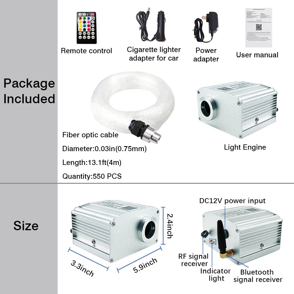 FIREWORK Starlight Headliner Kit, Fiber Optic Lights 10W RGBW Twinkle+Music Sync Effect+APP+Remote, 550pcs 13.1ft/4m 0.03in/0.75mm Fiber Cable for Star Lights for Car/EV & Home Theater Ceiling