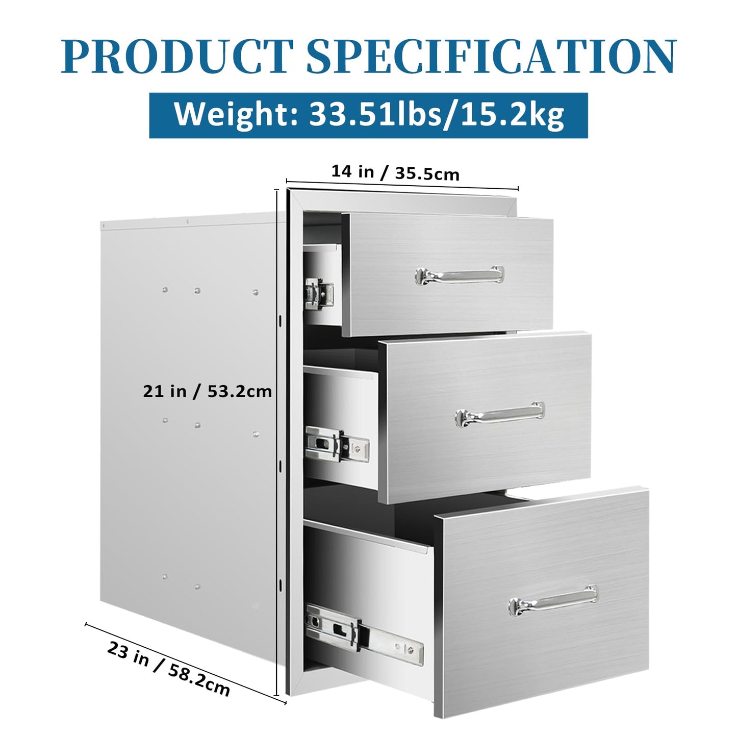 Outdoor Kitchen Drawers 14"Wx21"Hx23"D Flush Mount Access 3-Drawer BBQ Stainless Steel Drawers with Handle for Outdoor Kitchen Island or Grill Station
