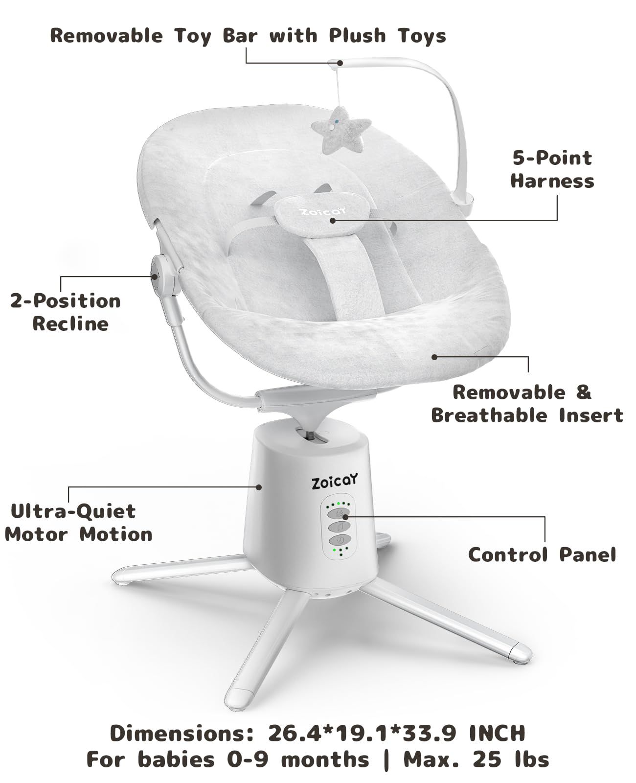 Zoicay Baby Swing,Baby Swings for Infants with 3 Modes & 5 Speeds, BT Enabled App & Remote Control, Electric Swing – 6 Lullabies and 3 Timer Setting, 2 Seat Positions and 5-Point Harness Swing (White)