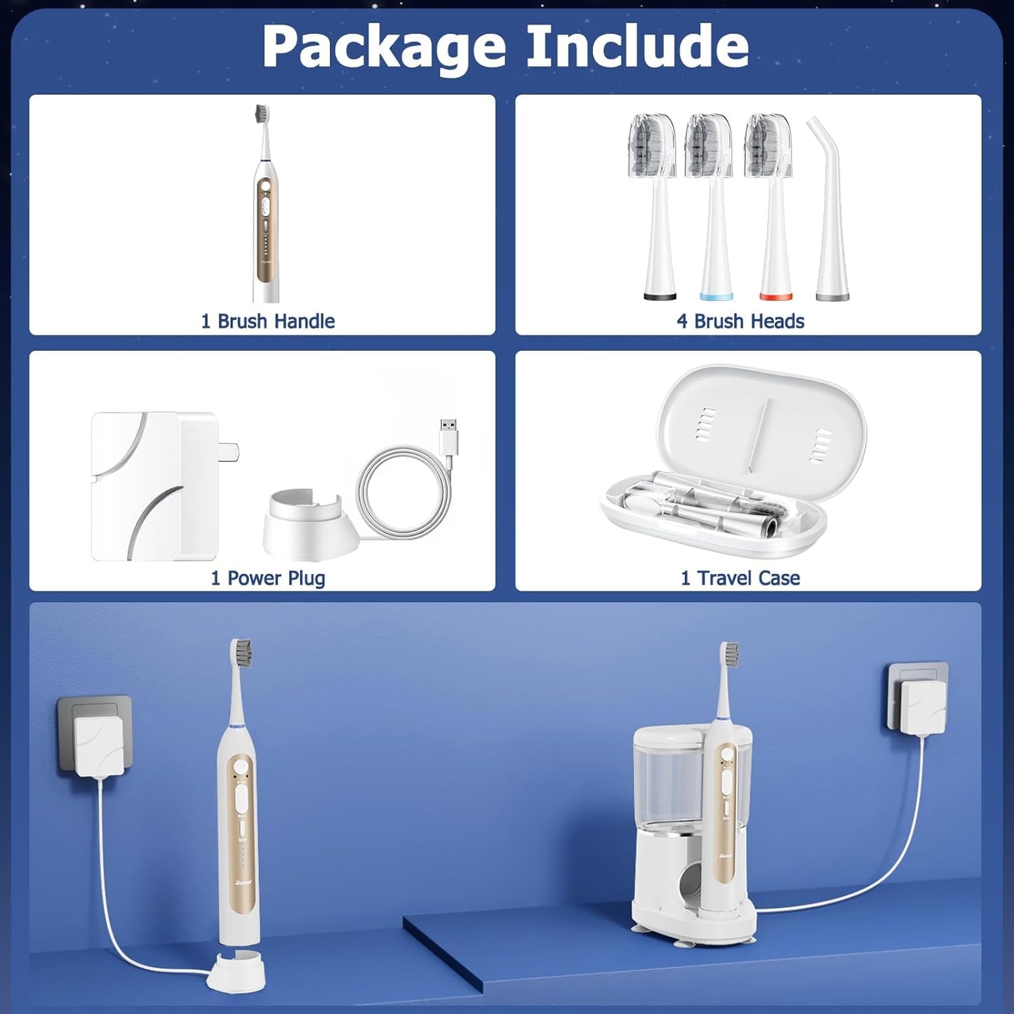 Electric Toothbrush with Water Flosser, Upgrade Flossing Toothbrush Combo with 3 Brush + 1 Nozzle, 5 Floss Speeds&3 Brush Modes, 500mL Tank, 30-Day Battery, for Adults & Teens, Gums, Braces-White