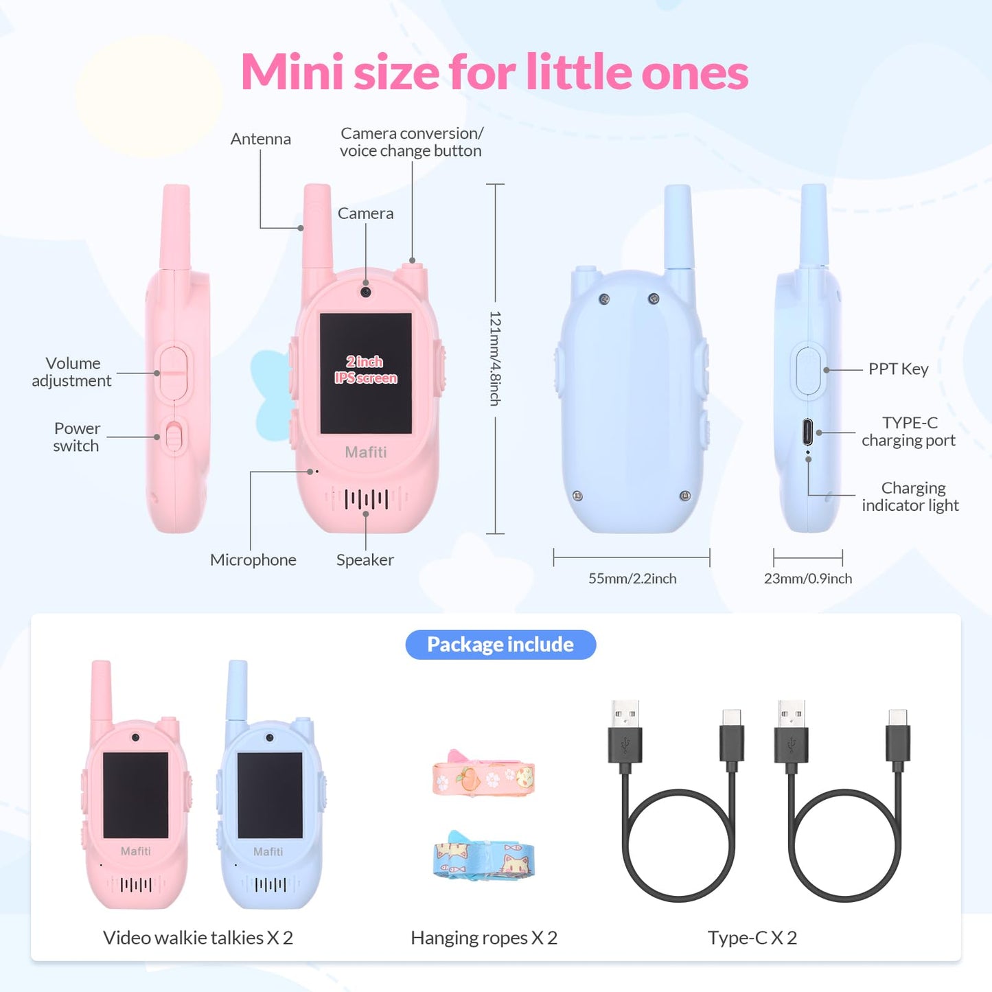Mafiti Video Walkie Talkies for Kids 2 Pack Rechargeable 1000 Feets Long Range Toddler Toys Birthday Gifts for 3 4 5 6 7 8 Year Old Boys Girls (Blue+Pink)