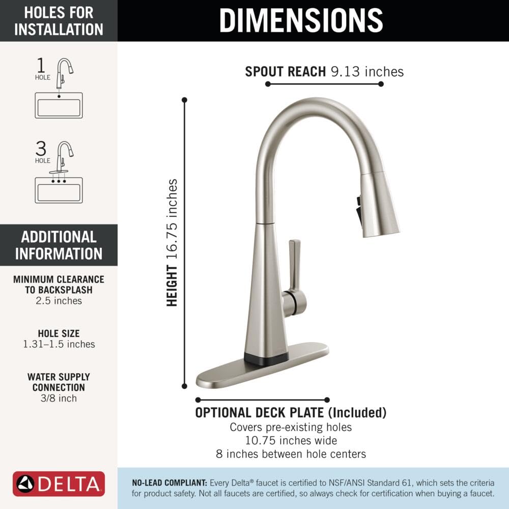 Delta Lenta Touchless Kitchen Faucet with Touch Technology, Brushed Nickel Kitchen Sink Faucet with Pull Down Sprayer, Single Hole, SpotShield 19802TLZ-SP-DST
