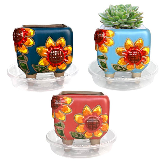 Summer Impressions 3.63 Inch Hand Painted Square Succulent Planter with Drainage and Clear Plastic Saucers Cactus Planter Pot Clay Pot Sunflowers Indoor Outdoor Pack of 3