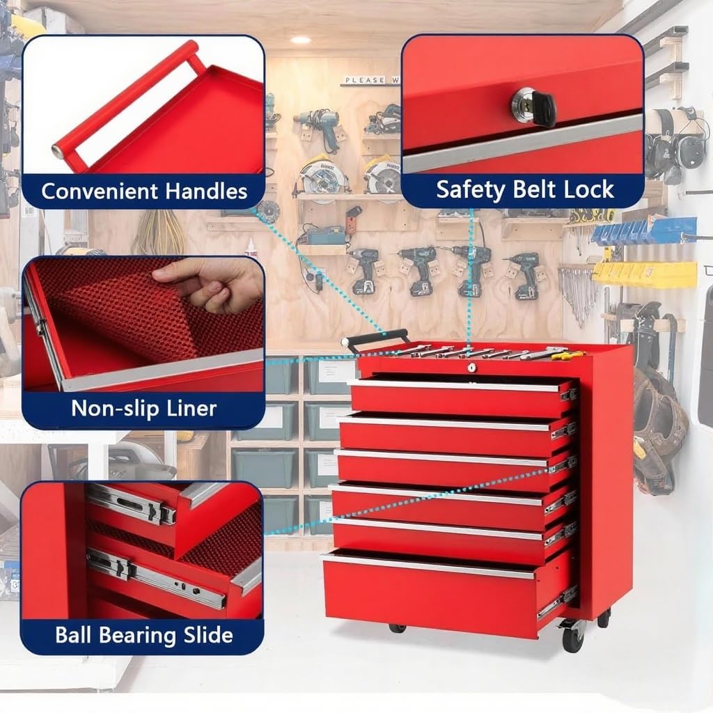 GarveeTech 6-Drawer Tool Chest, Rolling Tool Box with Wheels and Lock System, Portable Storage Rolling Tool Chest for Warehouse, Workshop & Repair Shop, Red