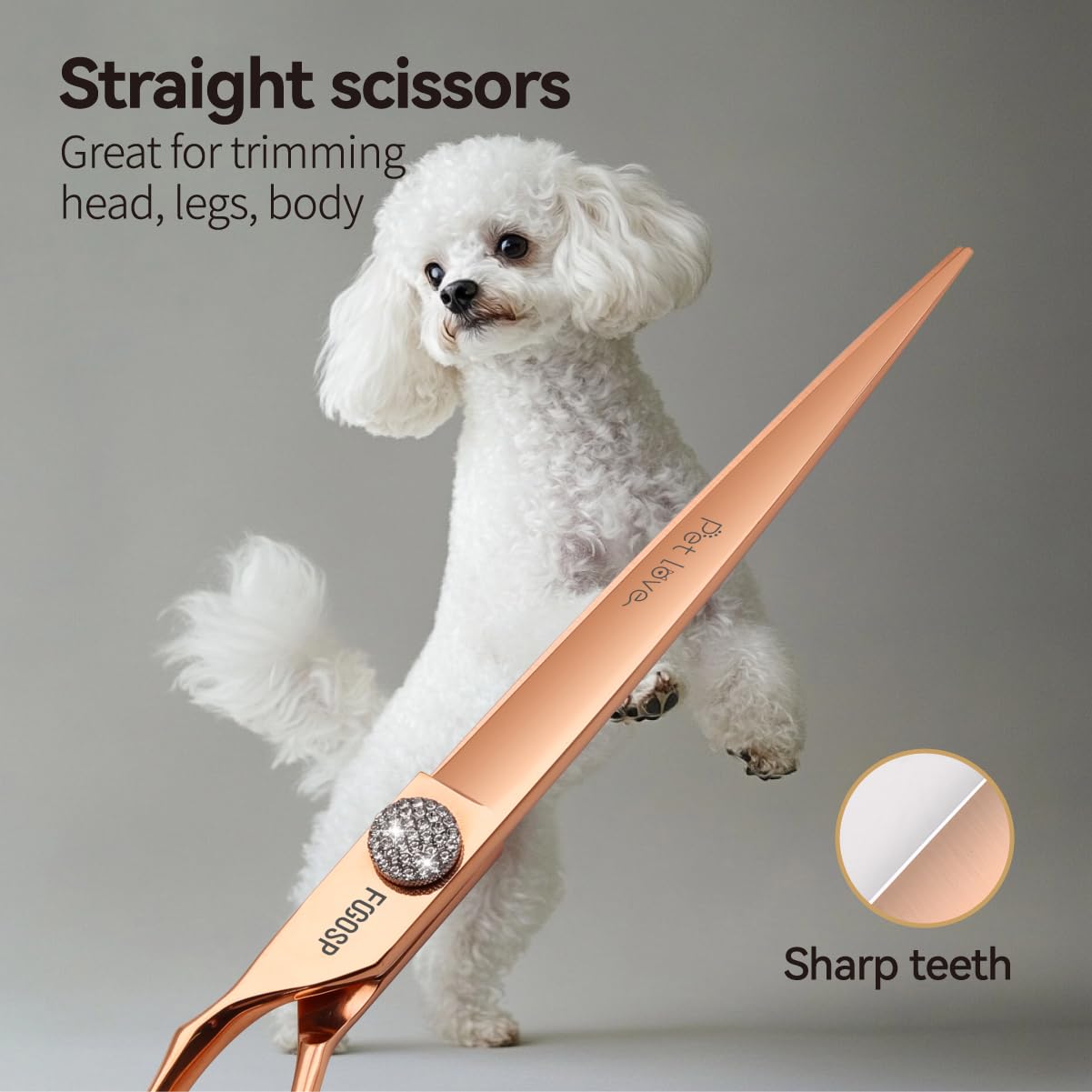 FOGOSP Left Handed Dog Grooming Scissors Set 4PCS Rose Gold Titanium Curved Thinning Straight Chunkers Shears Kit with White Artificial Diamonds Ergonomic Offset Handle Japan 440C
