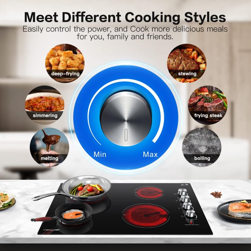 AMZCHEF 30 Inch Electric Cooktop, Built-in with 4 Burners Max 7000W with 30" Glass Ceramic Cook Top,Knob control, Hot Surface Indicator,220V - 240V Hard Wire, No Plug