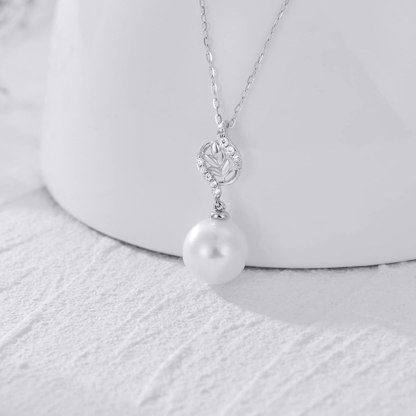10k White Gold Diamond Pearl Necklace and Earrings Set for Women