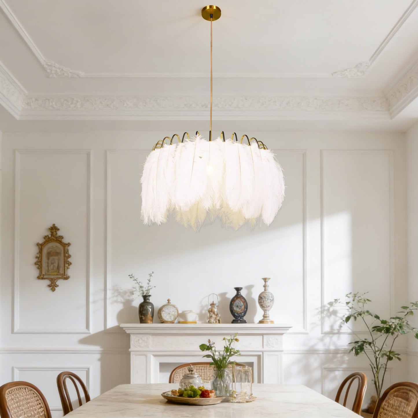mfanchan 20.9" Nordic Modern Gold Feather Chandelier, Art Decor Feather Light Fixture Nordic Pendant Light Romantic Hanging Ceiling Lighting for Kitchen Island Girls' Room Living Dining Room Foyer