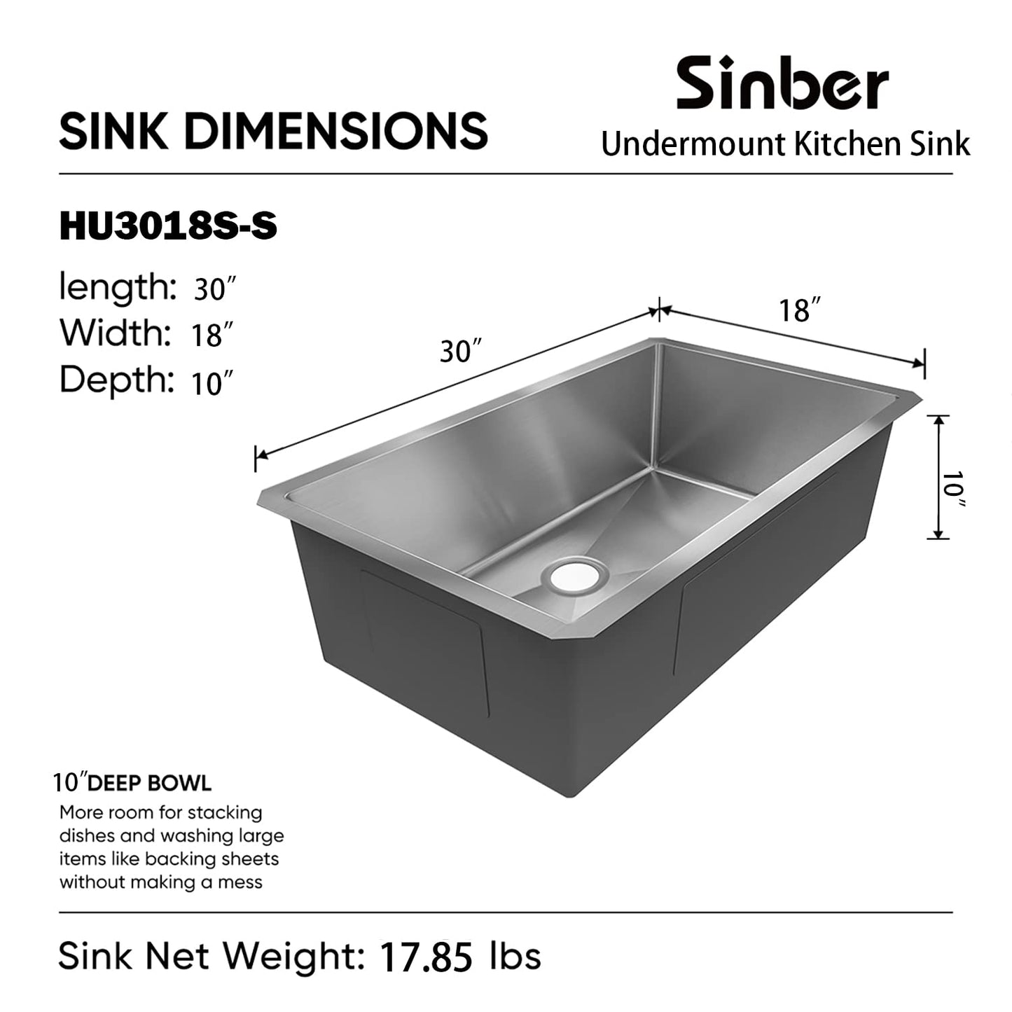 Sinber HU3018S 30" x 18" x 10" Undermount Single Bowl Kitchen Sink with 18 Gauge 304 Stainless Steel Satin Finish