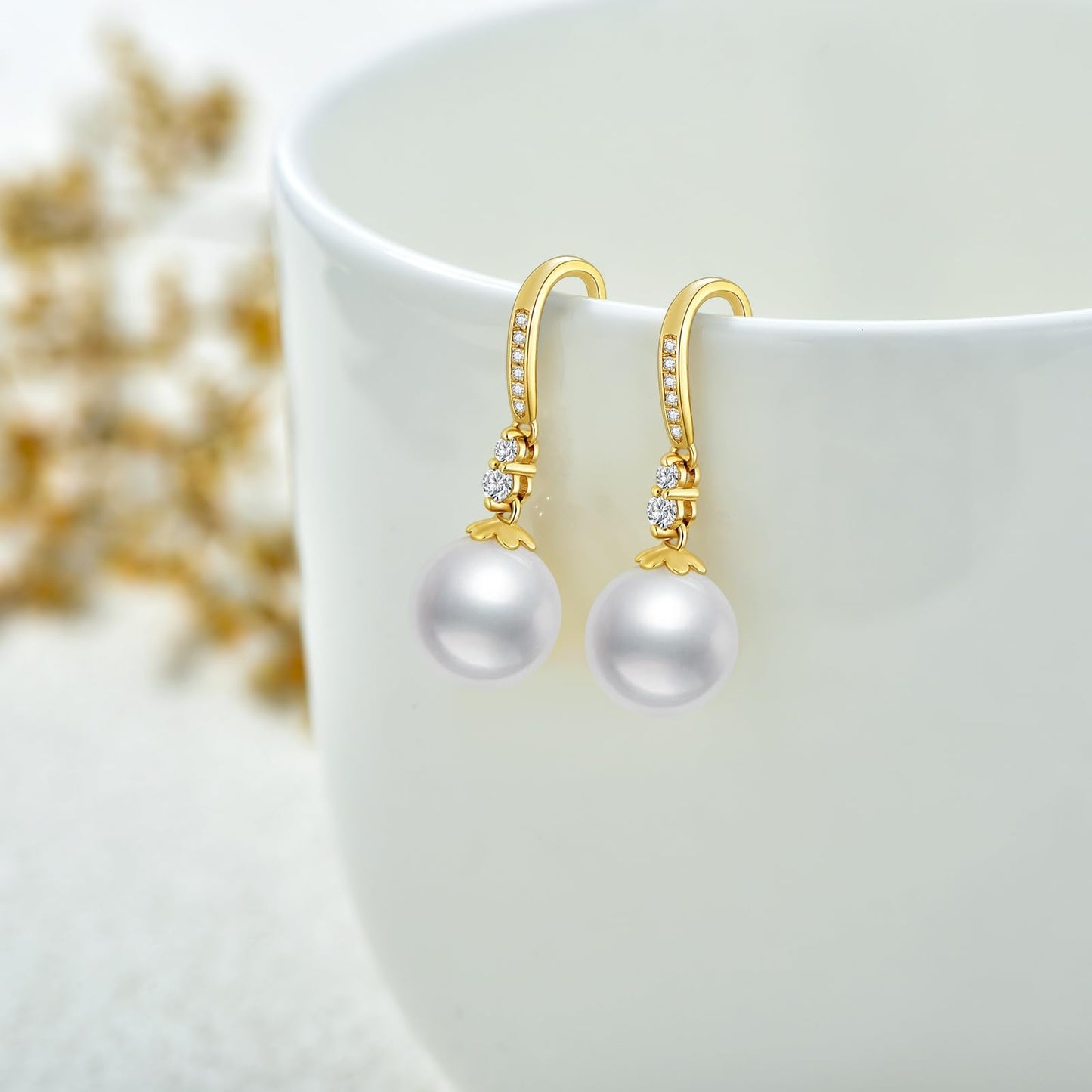 10k Gold Diamond Pearl Necklace and Dangle Earrings for Women, 10kt Gold Jewelry Set for Her