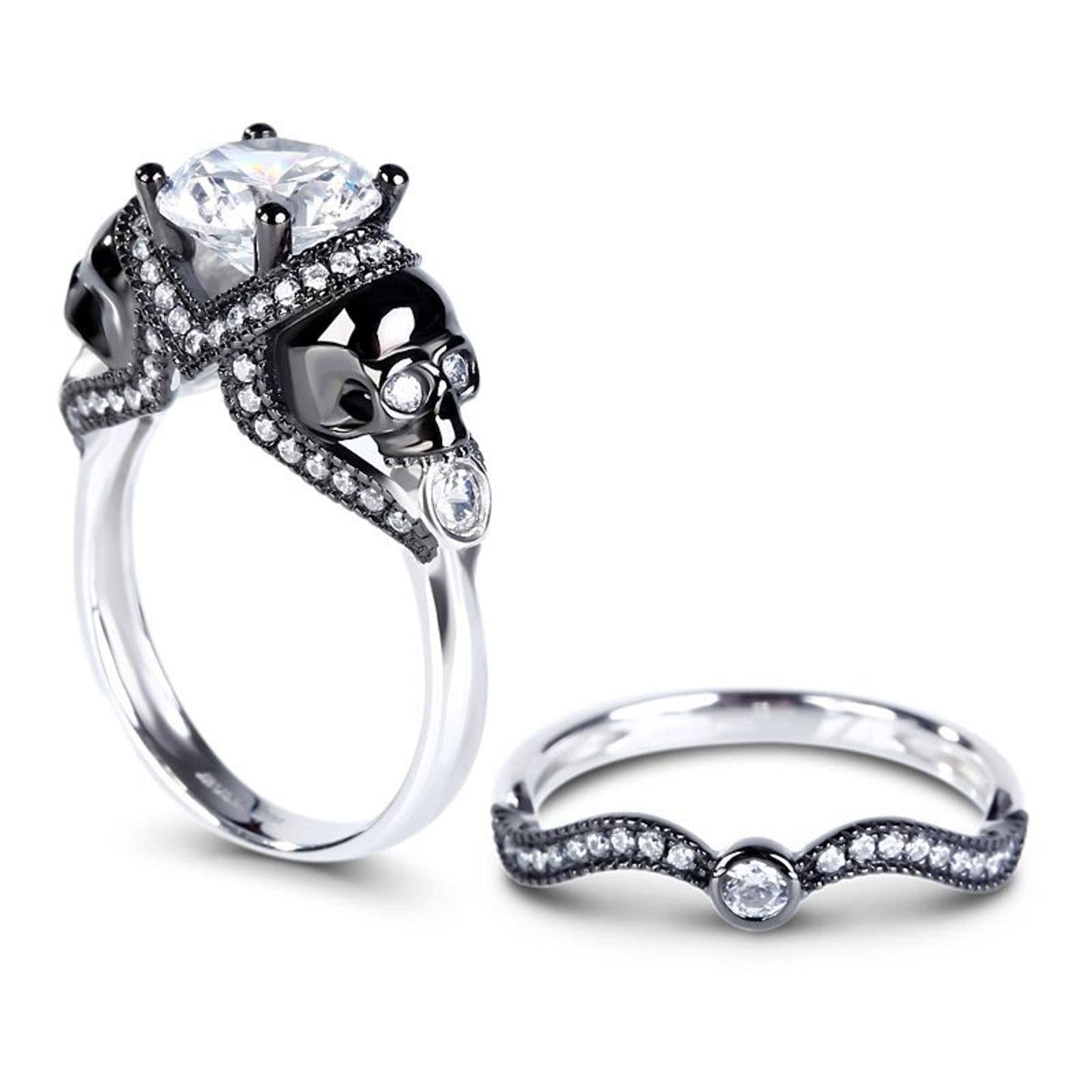Jeulia 4.97 Carat Twist Skull Rings for Women Two Tone Round Cut Sterling Silver Two Tone Twist Band Rings White Diamond Bridal Ring Set Black Plated Engagement Promise Rings with Jewelry Gift Box,