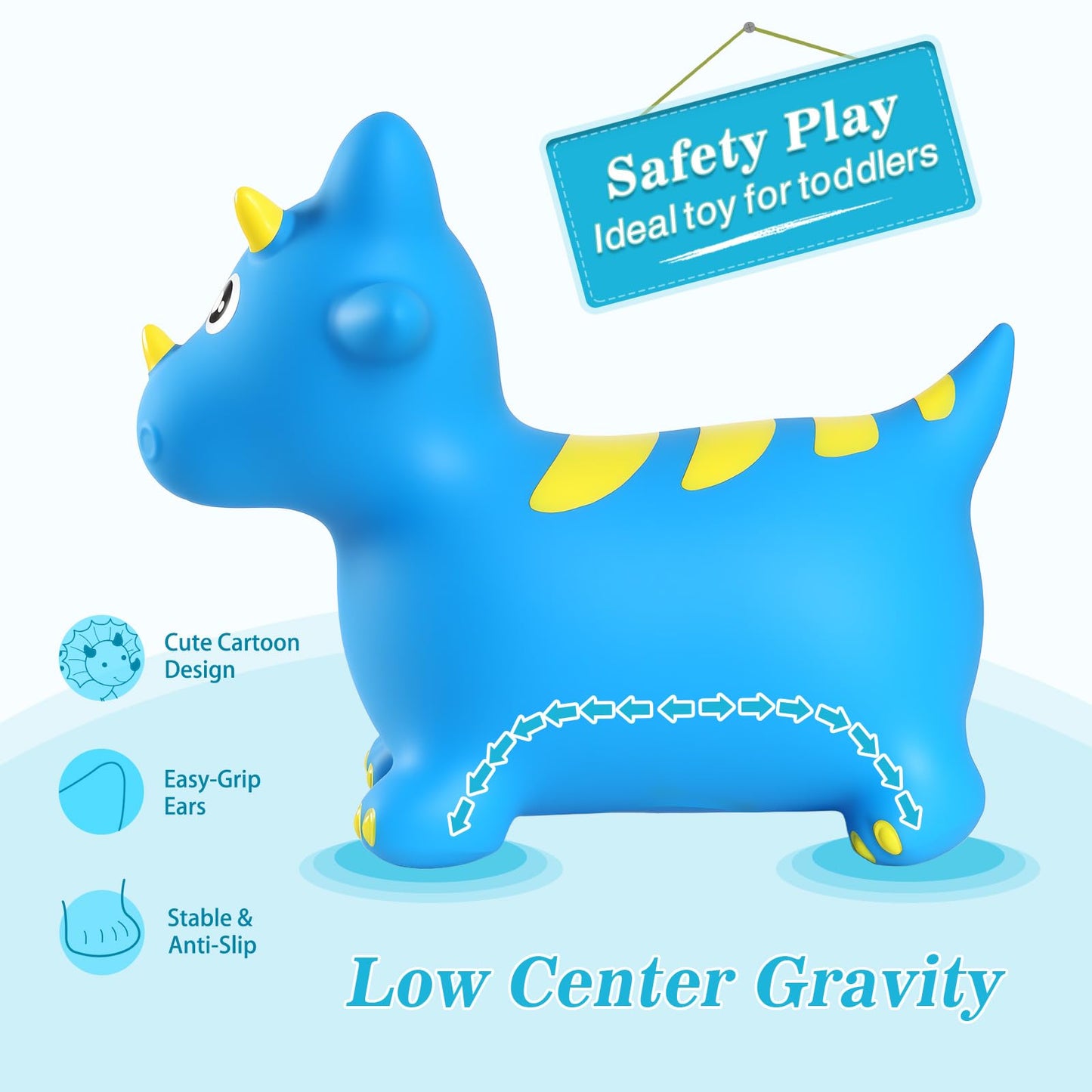 INPANY Bouncy Horse, Dinosaur Hopper Toys, Toddler Bouncing Animal, Dinosaur Party Decorations, Inflatable Ride on Rubber Triceratops Bouncer, Outdoor Cool Birthday Gift for 2 3 4 Yr Boy Girl Blue