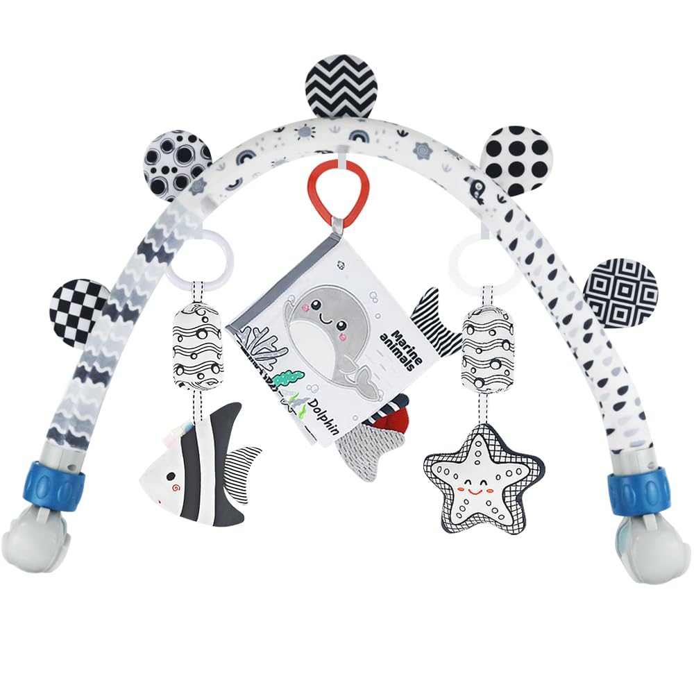 Baby Activity Travel Mobile Arch Bassinet Toy, Black and White High-Contrast Crib Toys, with Rattle and Book, Strolle,Pram and Crib Attachment with Hanging Toys (Ocean)
