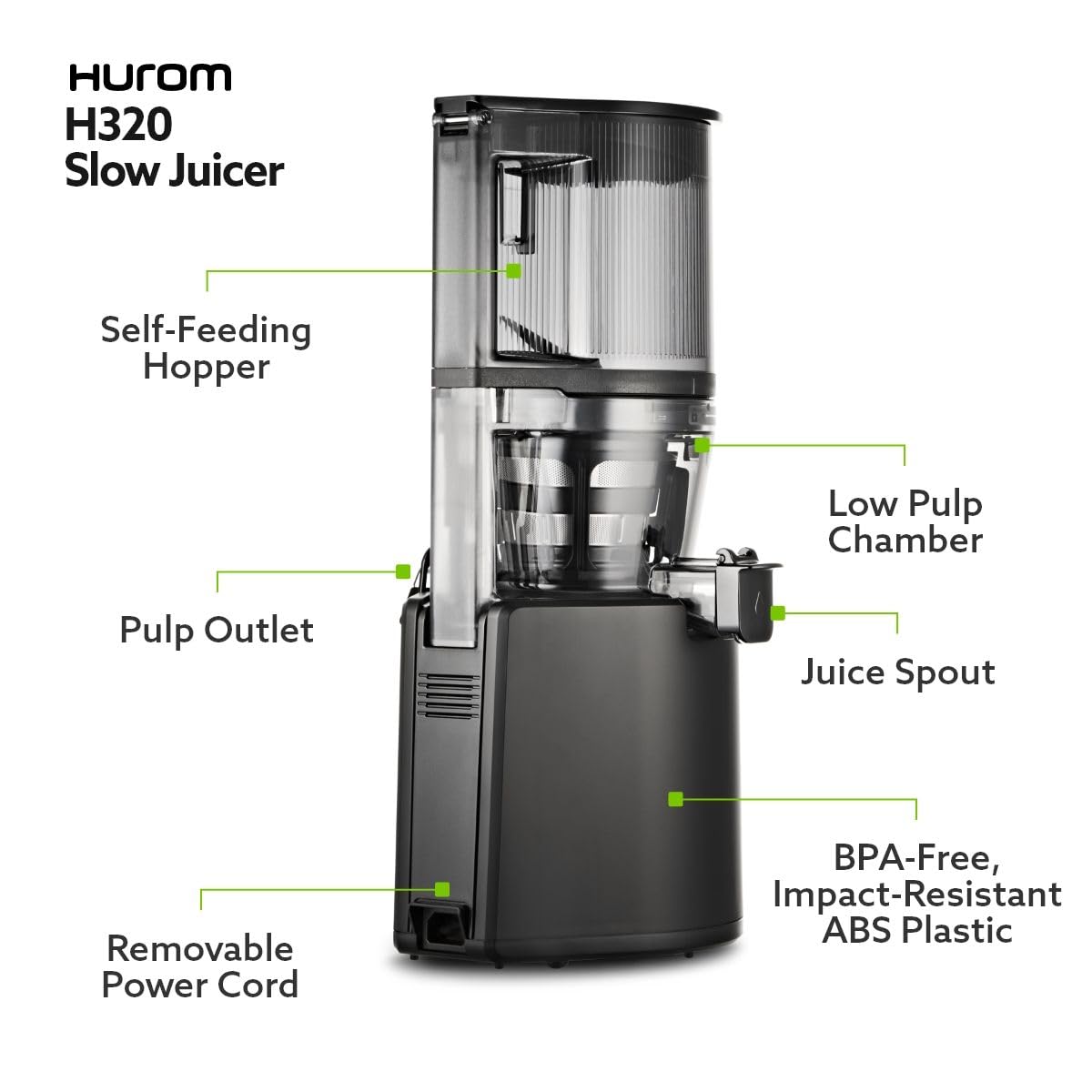Hurom H320 Cold Press Juicer Machine, Easy to Clean Masticating Slow Juicer, Coarse Strainers, Self-Feeding, Hands Free, Family Size, Quiet Motor, Easy Assembly (Black)