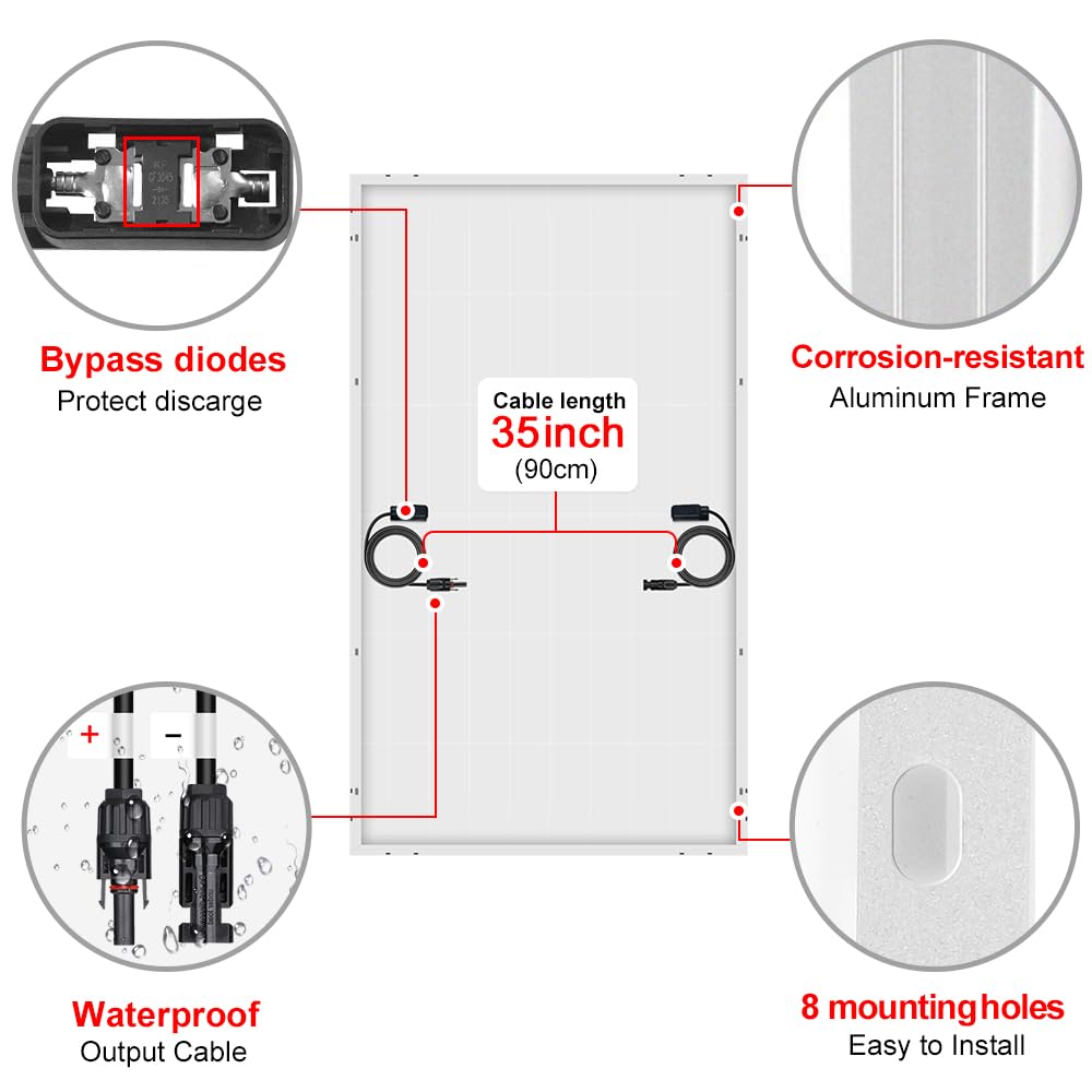 DOKIO 200W 18V Monocrystalline Solar Panel for 12V Battery Charging, Aluminum Frame, MC4 Connector, Pre-Drilled Holes, for Rooftop RV Boat Farm Off-Grid Power