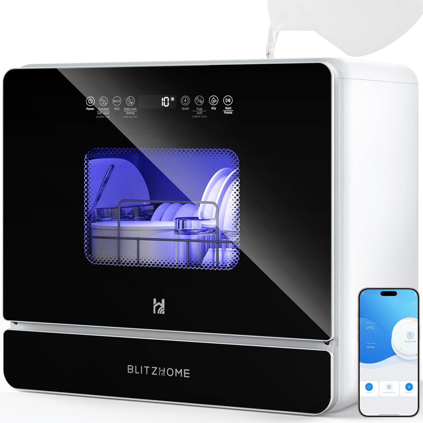 BLITZHOME WiFi Countertop Portable Mini Dishwasher, Smart 9 Programs,167℉ High-Temp, Hot Air Drying, Air Refresh, 360° 3 Spray, 24H Timing, LED Light, 5.2L Built-in Water Tank for Apartments RVs
