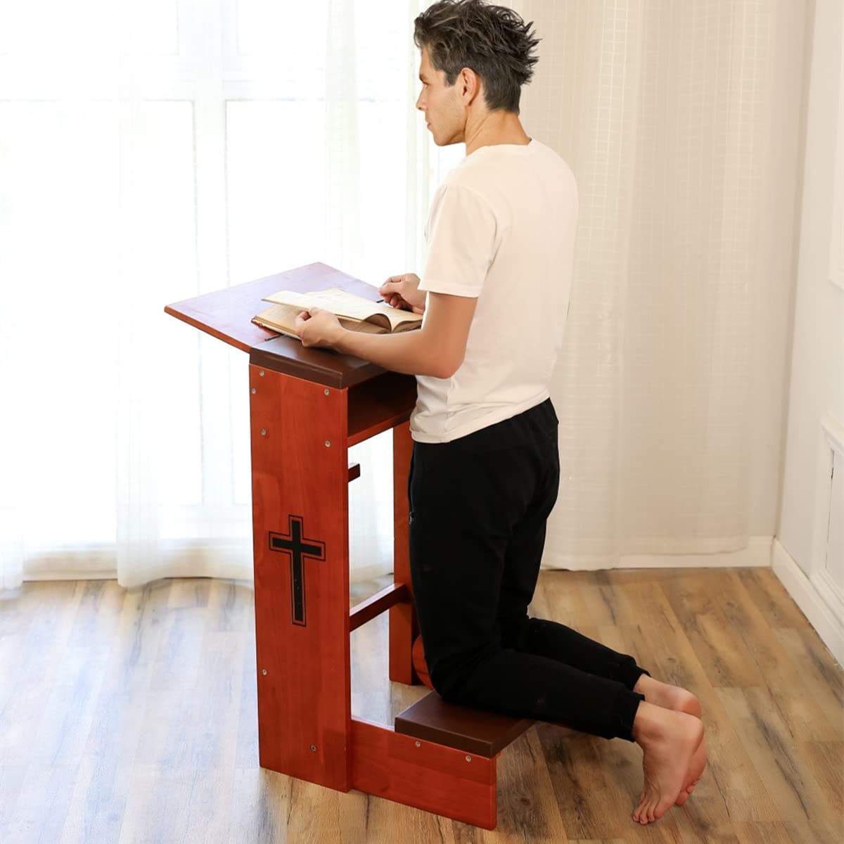 Shyneer Prayer Bench Stool Table, Wooden Church Prayer Chair Padded Kneeler Shelf Folding Chair for Kneeling at Home