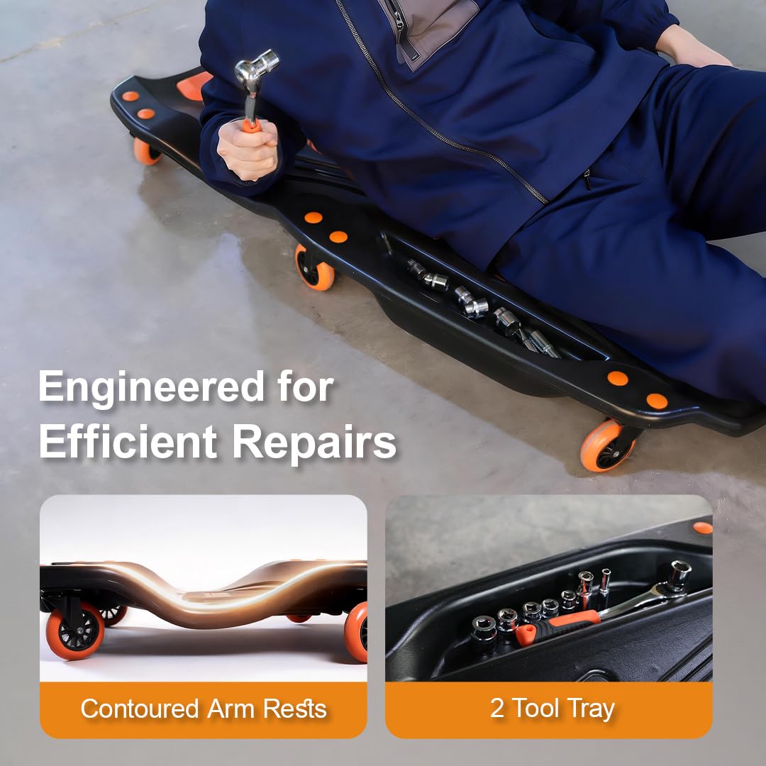 HYDRAULIC PRO 42" Mechanic Creeper with 6 Swivel Casters, Ergonomic Car Creeper with 2 Soft Pads, 350LBS Capacity Low-Profile Design & 2 Tool Trays for Automotive and Garage Repair